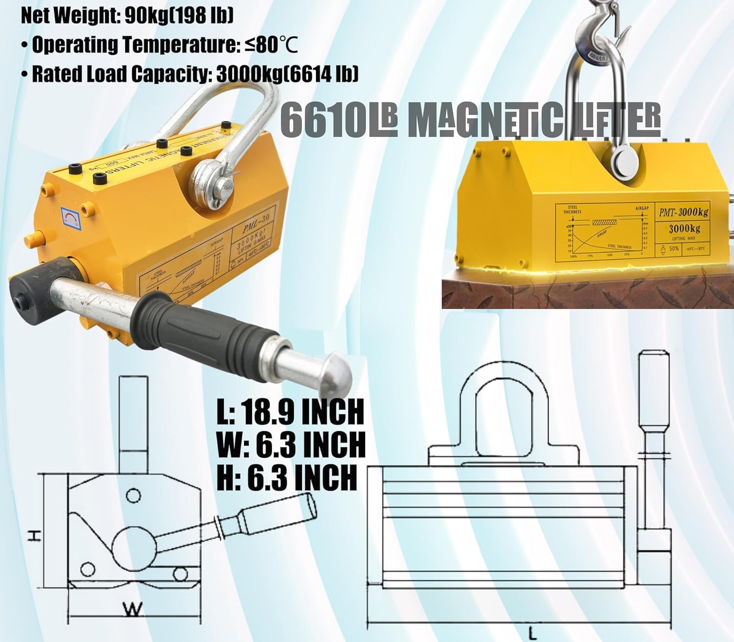 Aimant De Levage Haute Performance, 3 000 kg (6 610 LB), Aimant Permanent en Acier Néodyme, avec Système De Libération pour Tôles, Blocs Et Barres Dacier, Usage Industriel.