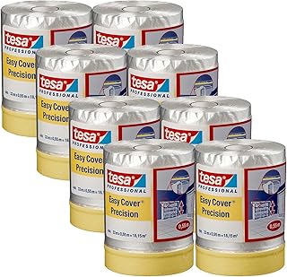 tesa Easy Cover 4365 Präzision - 8er Pack - Malerfolie mit Malerband zum Abkleben und Abdecken bei Malerarbeiten - 2-in-1 Abklebeband mit Folie - transparent - je 33 m x 0,55 m