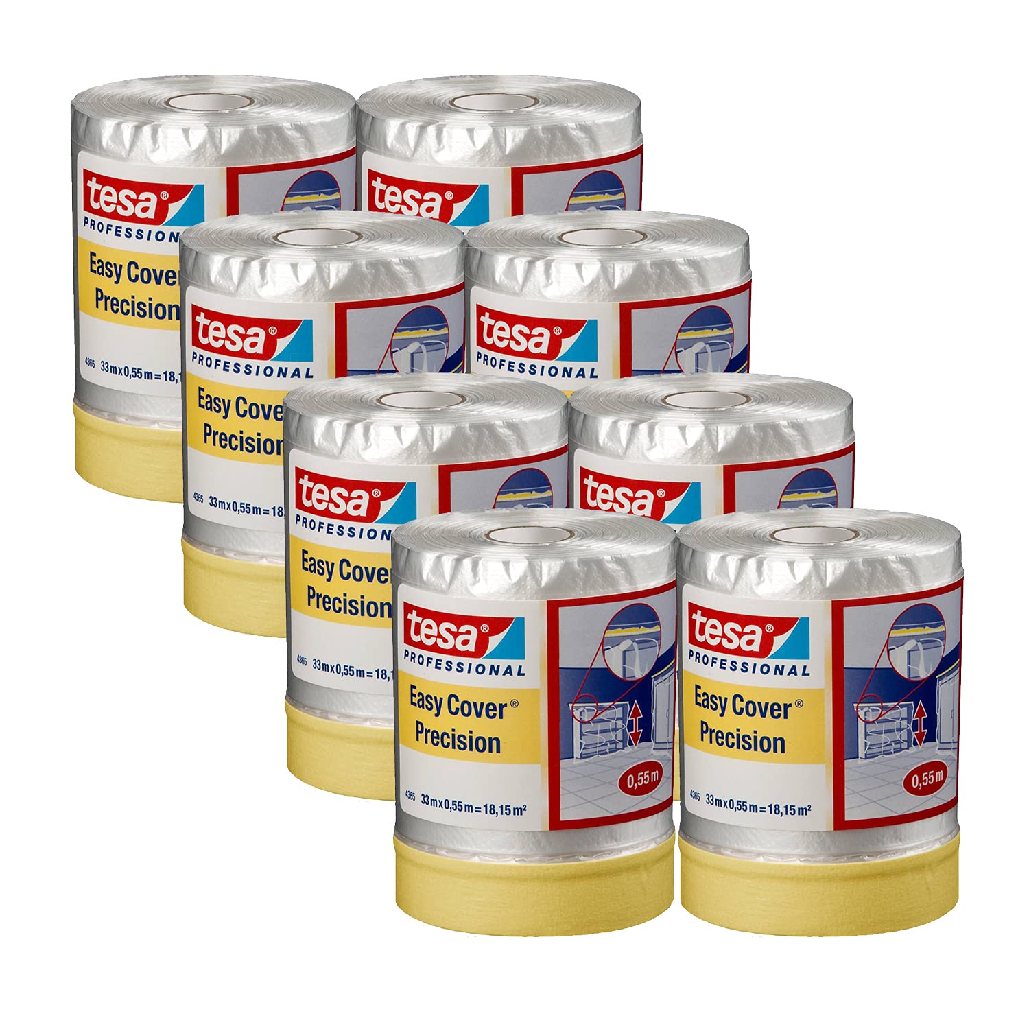 tesa Easy Cover 4365 Präzision - 8er Pack - Malerfolie mit Malerband zum Abkleben und Abdecken bei Malerarbeiten - 2-in-1 Abklebeband mit Folie - transparent - je 33 m x 0,55 m