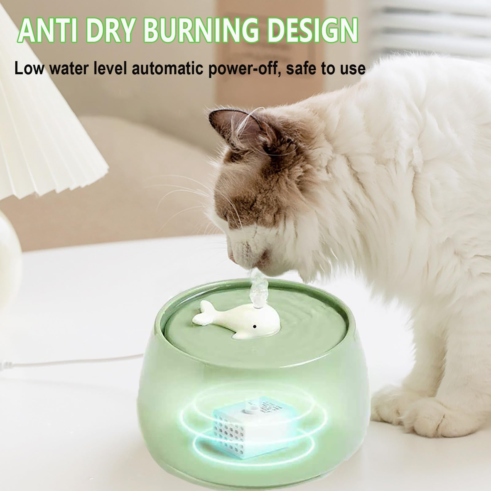 Fuente de agua de cerámica para gatos, 1.3L/45 onzas, cuencos de alimentación y bebida para mascotas, fuentes automáticas para gatos, cuenco ultra silencioso para gatos y perros, dispensador de agua