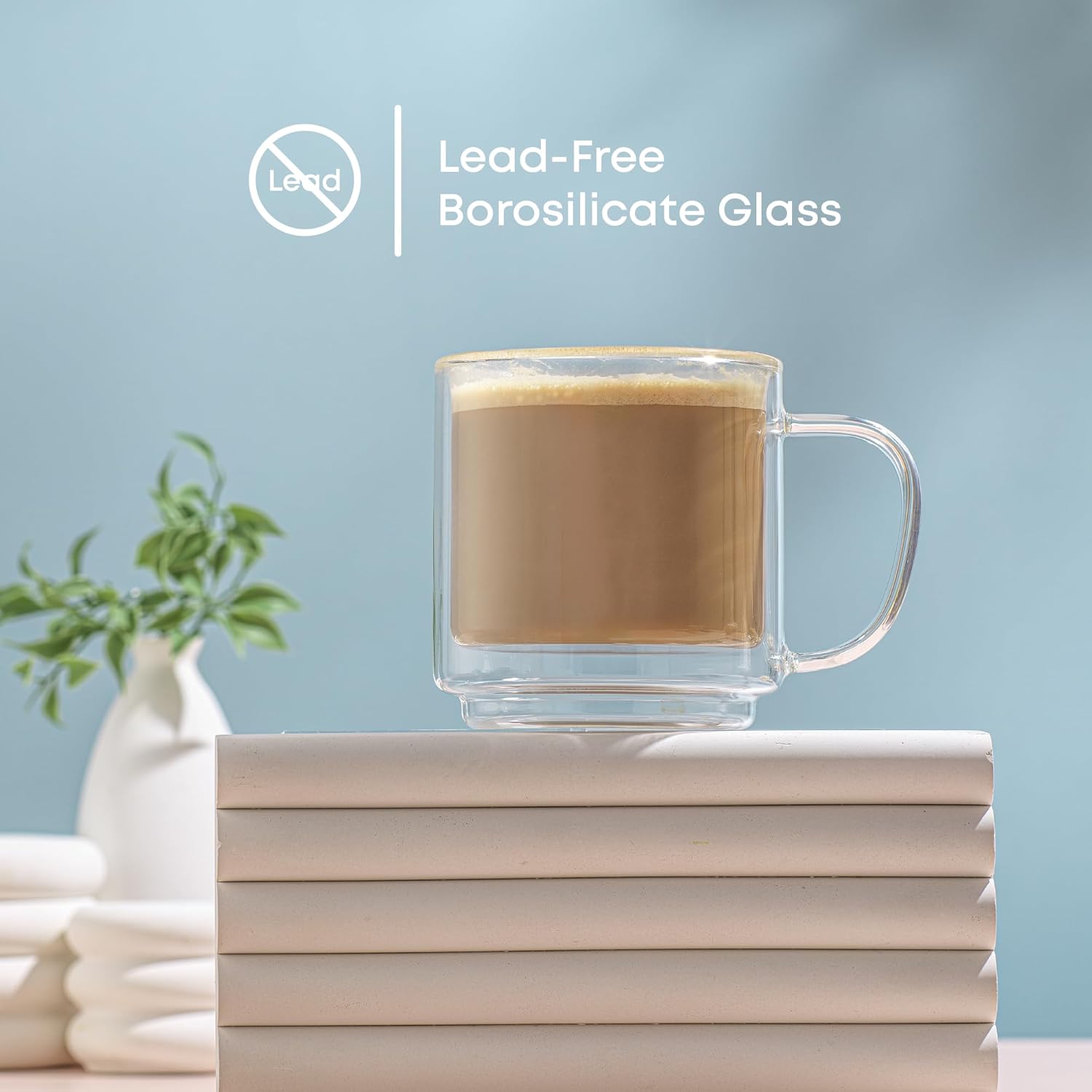 JoyJolt Haven Stackable Double Wall Glass Mugs, Set of 2 (13.5oz) Insulated Coffee Cups, Double Wall Glass Coffee Cups, Tea Cups, Latte Cups, Cappuccino Cups, Clear mugs set of 2 - Image 6
