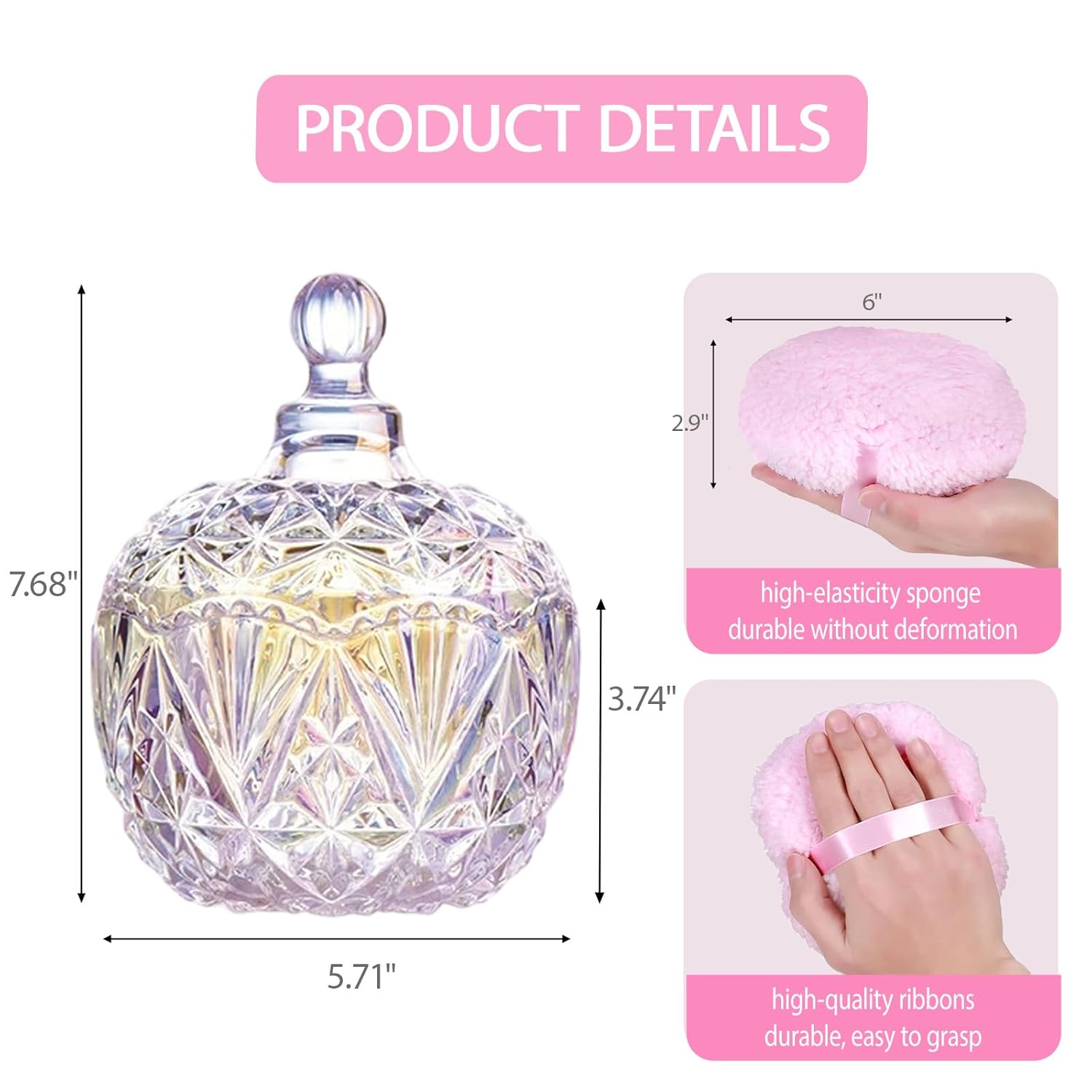 Extra Large Loose Body Powder Containers with Puff, 5.7" Crystal Glass Storage Jars with Dustproof Lid for Loose Powder with Soft Washable Reusable Fluffy Puff for Skin Care (Crown-Multicolor B)
