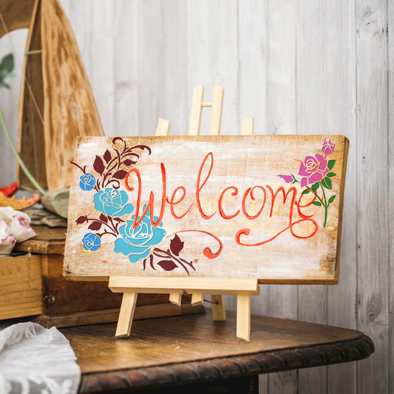 GSS Designs Corner Flower Rose Stencil - Reusable Stencils for Painting on Wood Canvas Wall Furniture - Mylar Stencil for Crafts and Decorations 12x12 Inch