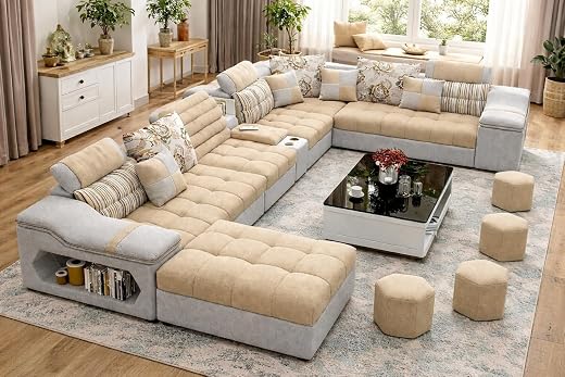 Avion COMFORA U Shape 12 Seater Sofa Set for Living Room (Beige) | Interchangeable U-Shaped Sectional Sofa Set with Cup Ho...