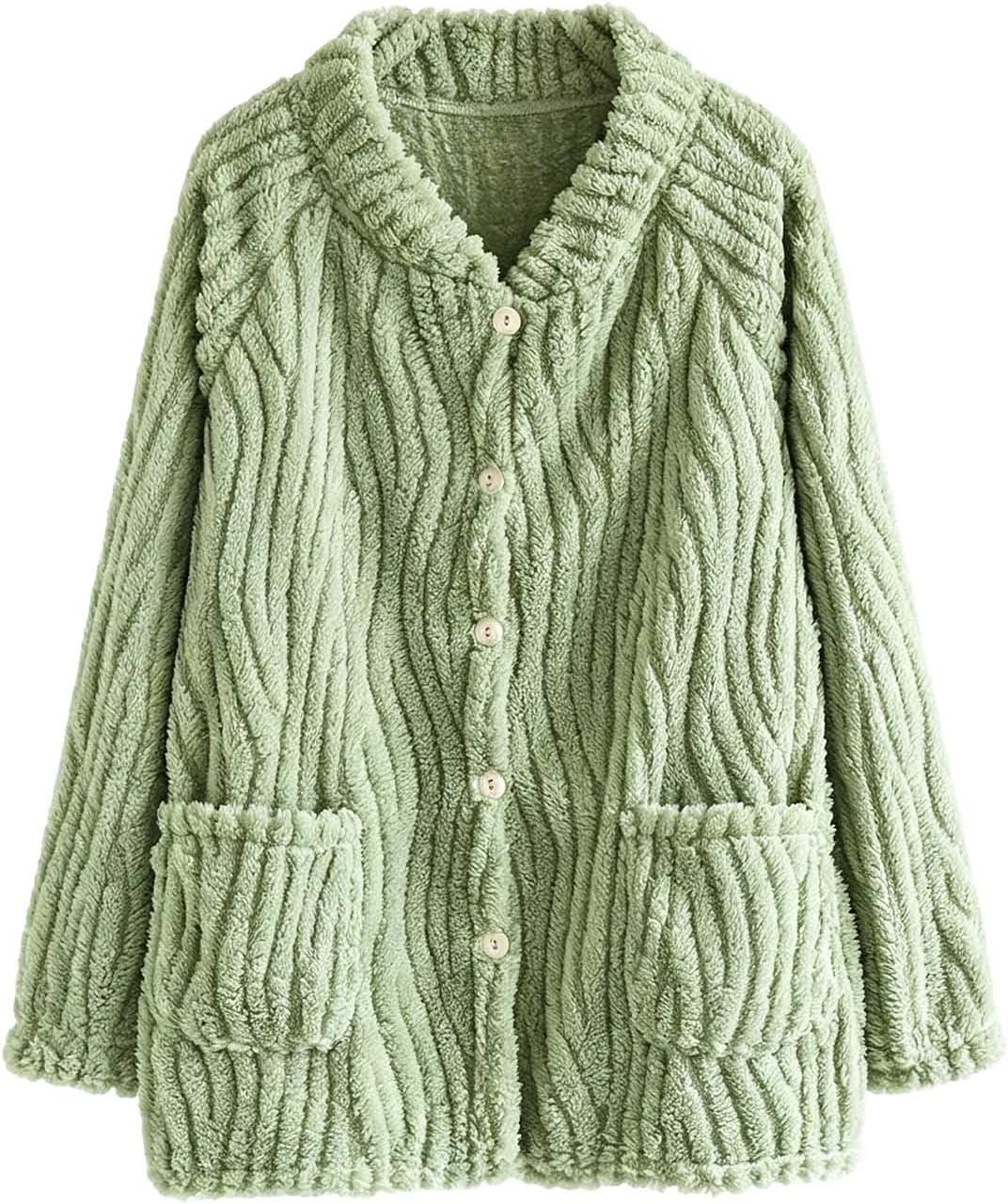 Womens Flannel Fleece Button Cardigan Long Sleeve V Neck Loungewear