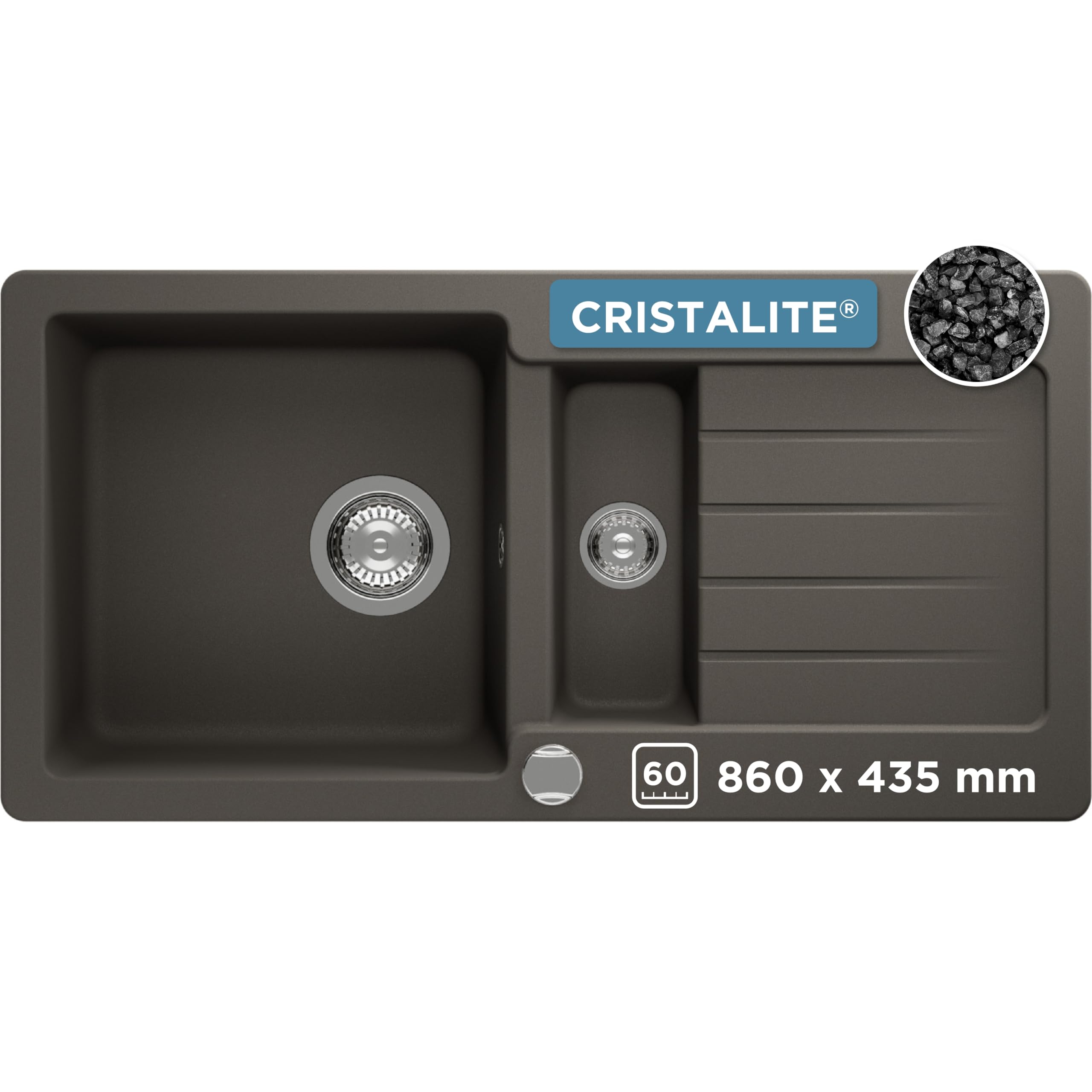 SCHOCK Küchenspüle Typos D-150S Asphalt 86x43,5 cm | Granitspüle aus CRISTALITE Grau mit Becken und Abtropffläche | Einbauspüle für 60 cm Unterschrank | Pflegeleicht und robust durch Quarzkomposit