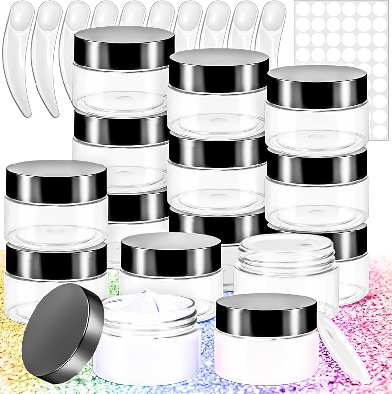 MotBach Frascos redondos transparentes de plástico com tampas pretas, 30 g, Pacote com 15
