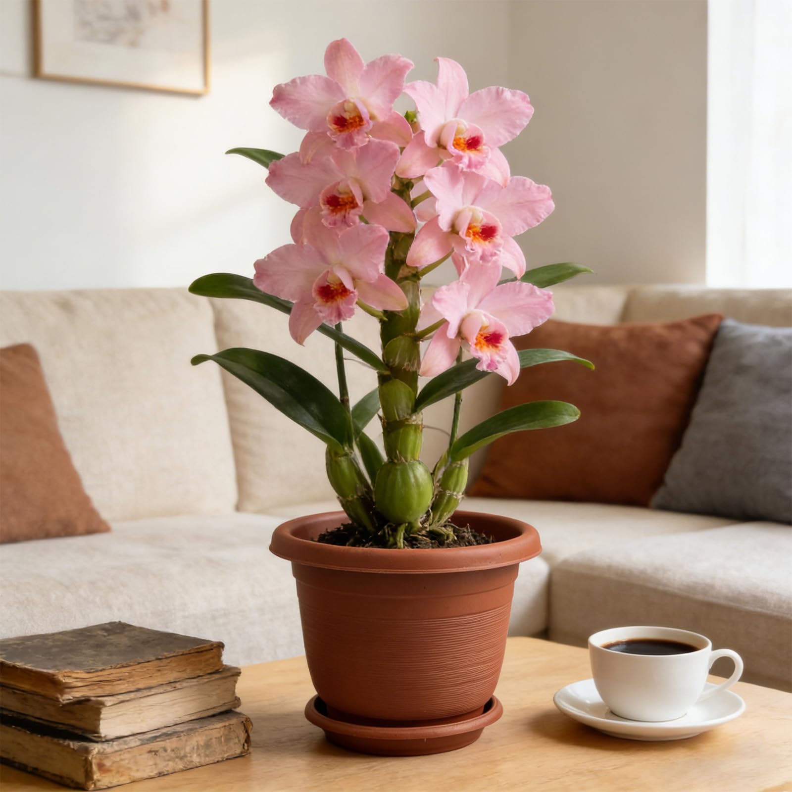 6Pack 15.5cm/6.1-in Plant Pots Indoor Plastic Flower Pots with Drainage Holes and Saucers Modern Decorative Planters Succulent Indoor Outdoor Plants - Terracotta — view 6