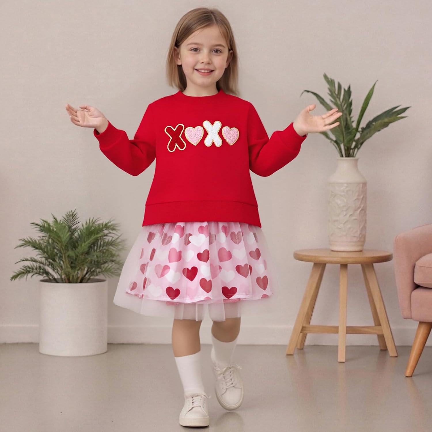 Toddler Baby Girl Valentines Day Outfit Letter Embroidery Long Sleeve Tops Heart Print Tulle Skirt Set 2Pcs