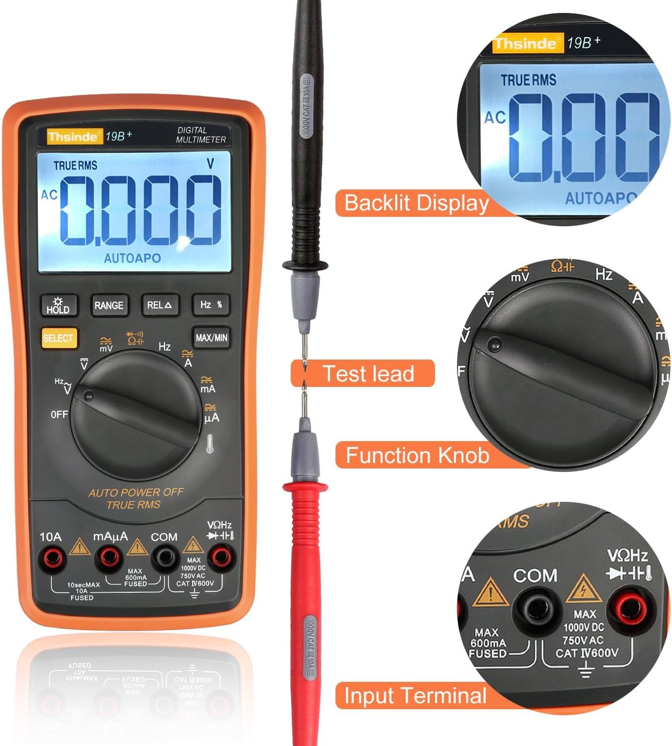 Close-up of the Thsinde 19B Multimeter showing the backlit display, test lead, function knob, and input terminal