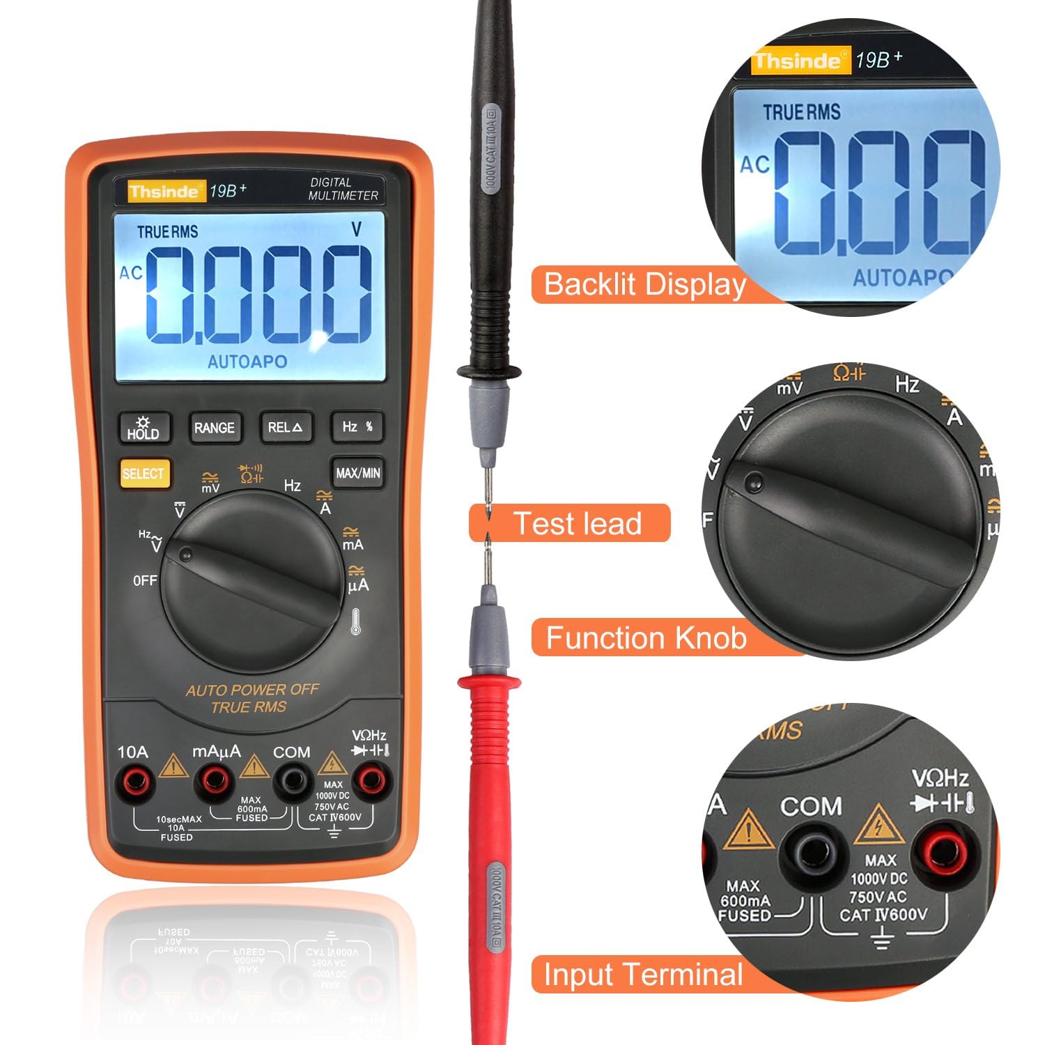Thsinde Digital Multimeter with test leads, showing the backlit display, function knob, and input terminals.
