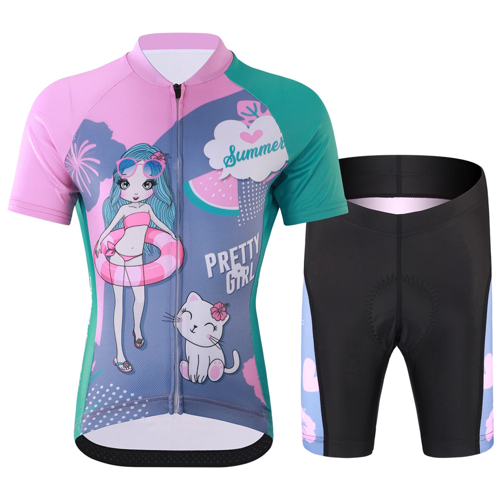 Maillot de ciclismo para niños y niñas, con acolchado para el asiento, manga corta, trajes de ciclismo