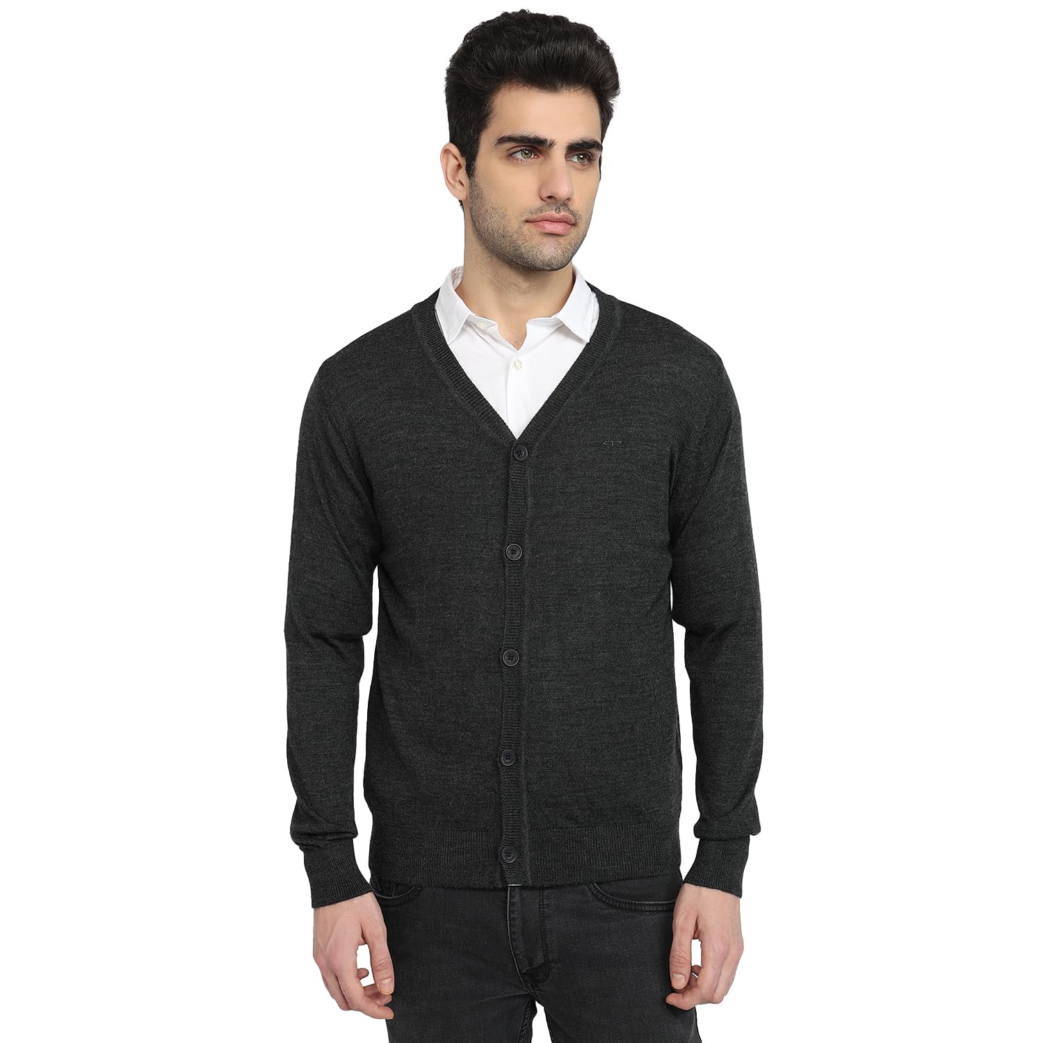 colorplus Men Regular Fit Solid Pattern Merino Wool Acrylic Blend Full Sleeve V Neck Casual Sweater Dark Grey-picture-24