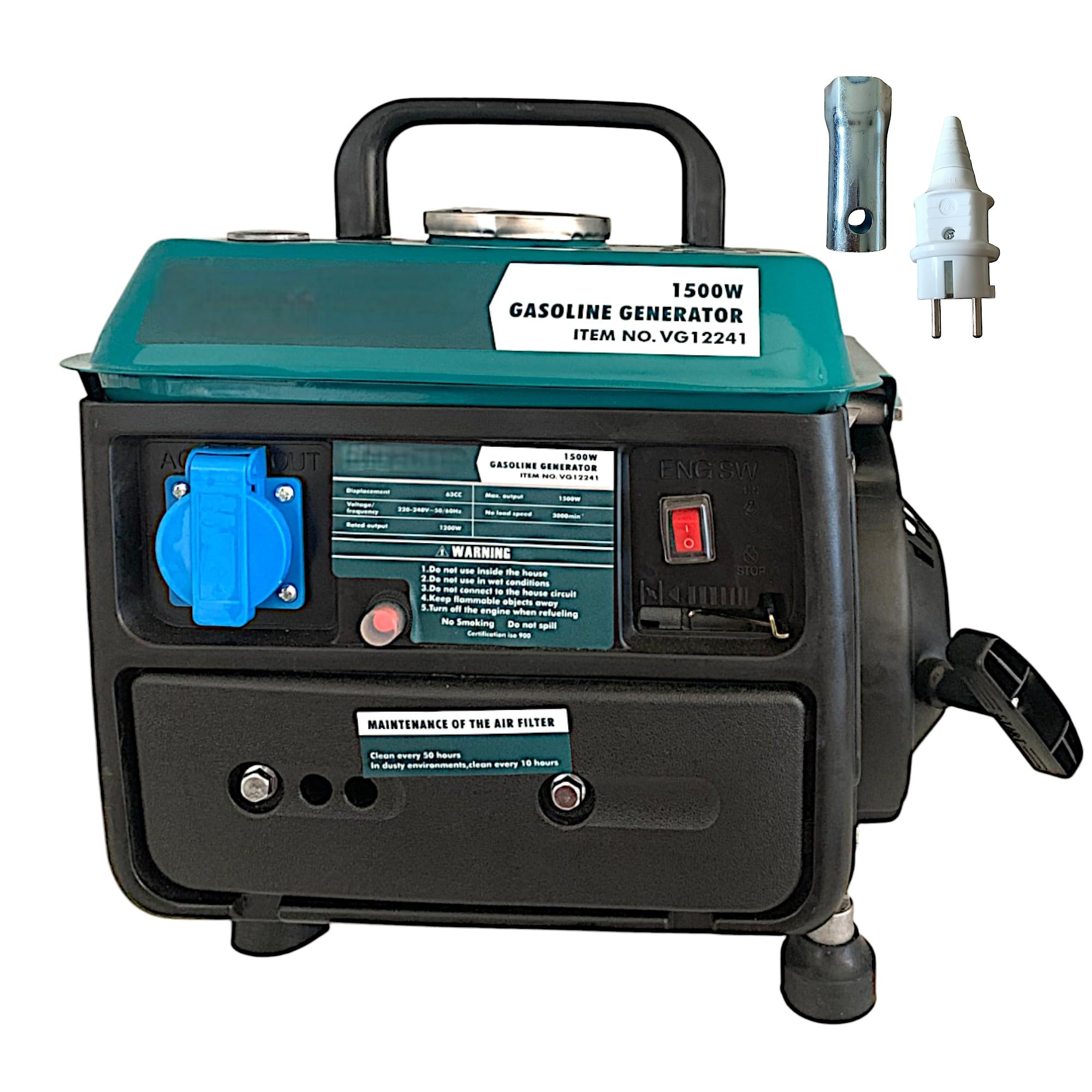 Gruppo Elettrogeno Generatore di Corrente 63CC a 2 Tempi Miscela 1200-1500W 2HP Trasportabile Tensione Nominale 220-240V 3000 Giri/Minuto per Casa, Garage, Officina