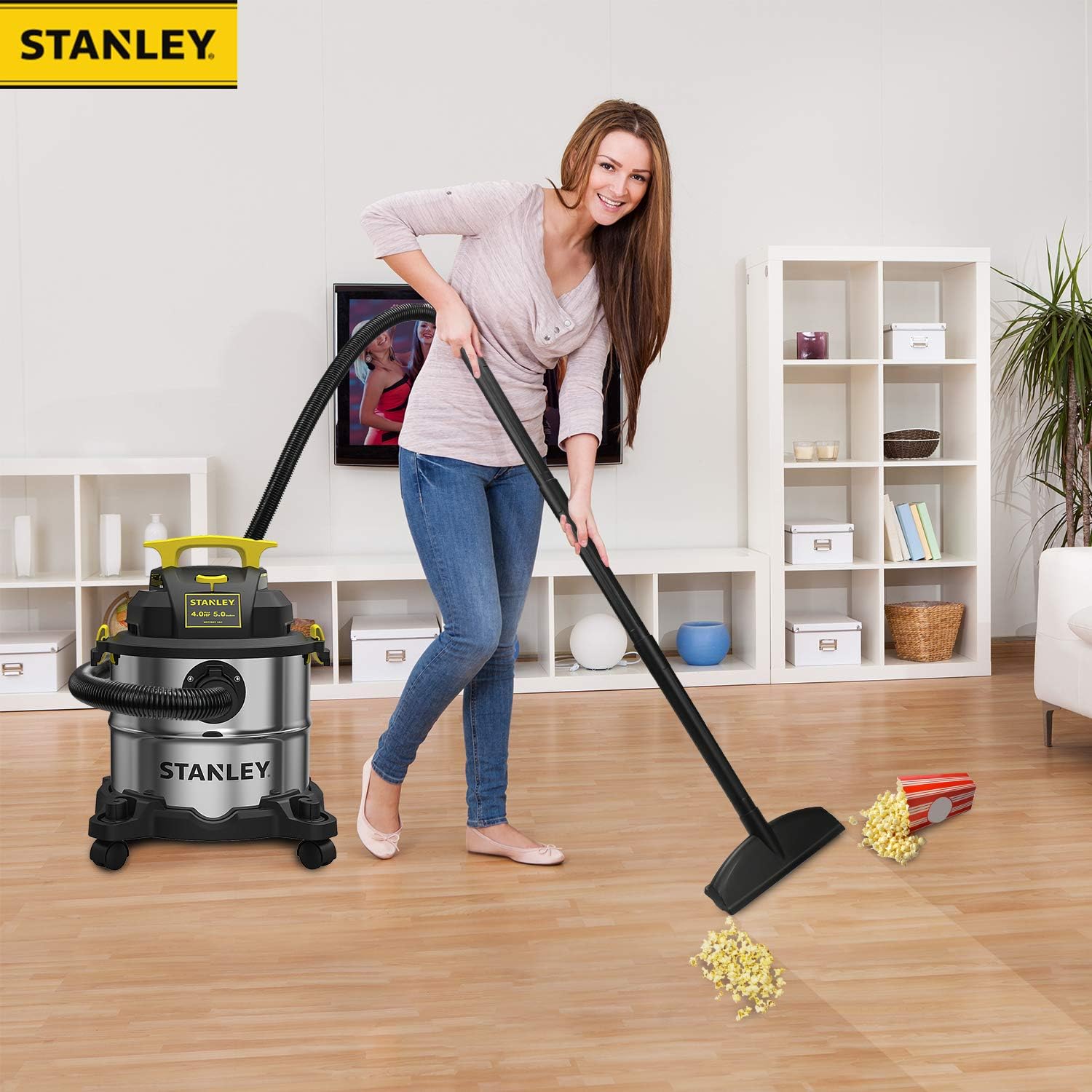 STANLEY Wet/Dry Vacuum SL18115, Stainless Steel Tank, 5 Gallon 4HP Shop Vacuum, Portable Style Ideal for Home/Shop/Jobsite Dust Collection Job with Vacuum Attachments, Silver+Yellow : Industrial & Scientific