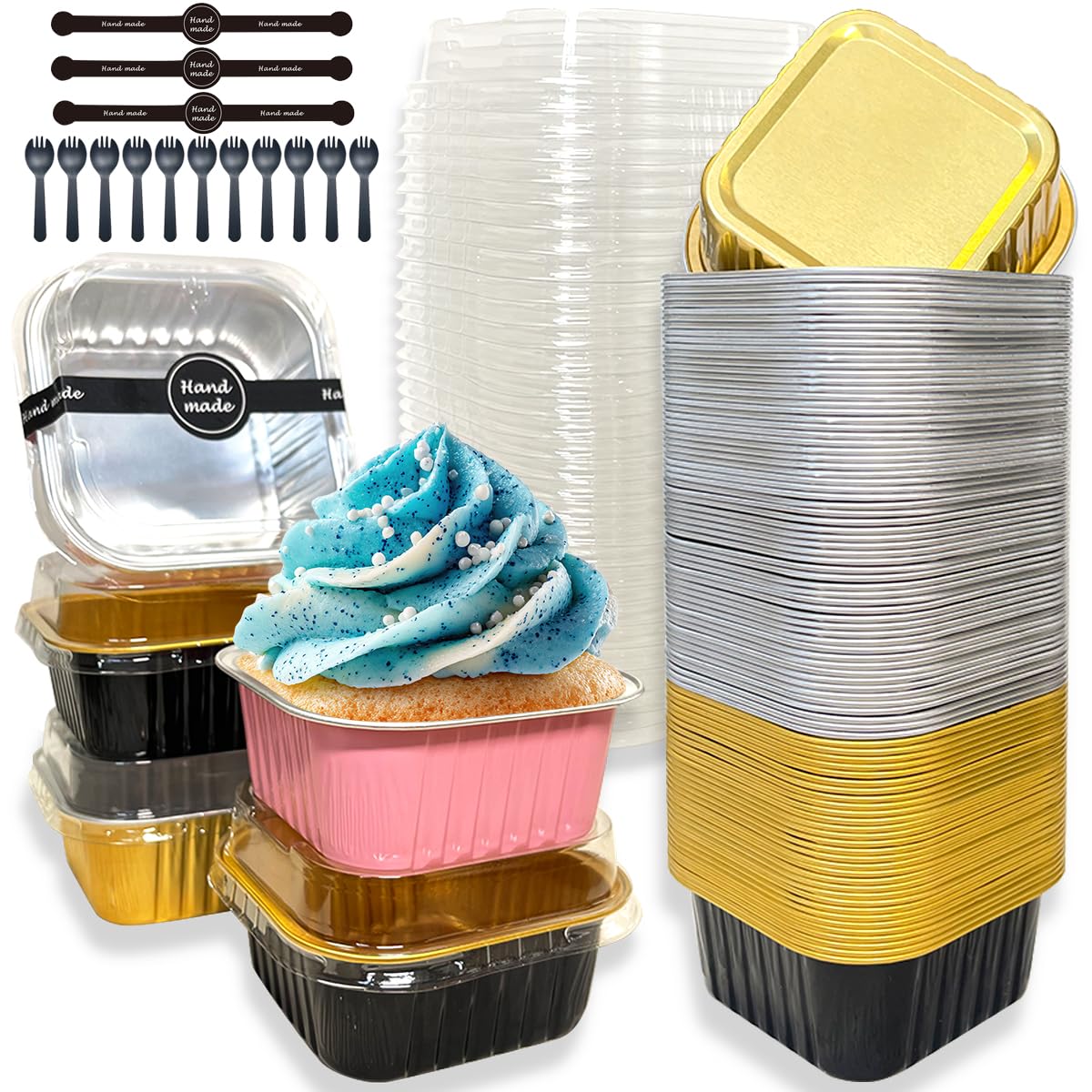 XingyLi 90Pcs Mini Cake Baking Cups with Lids, Spoons and Stickers, 150ml Square Mini Loaf Pans, Reusable Aluminum Cake Tins, Foil Baking Pans, Small Loaf Cases Boxes, Tart Pie Cake Containers