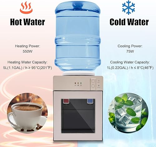 Miniatura 3 de Top Loading Dispensador de enfriador de agua de encimera para botellas de 1.1-4.9 galones, dispensador de agua caliente y fría de 500 W, 75 W,