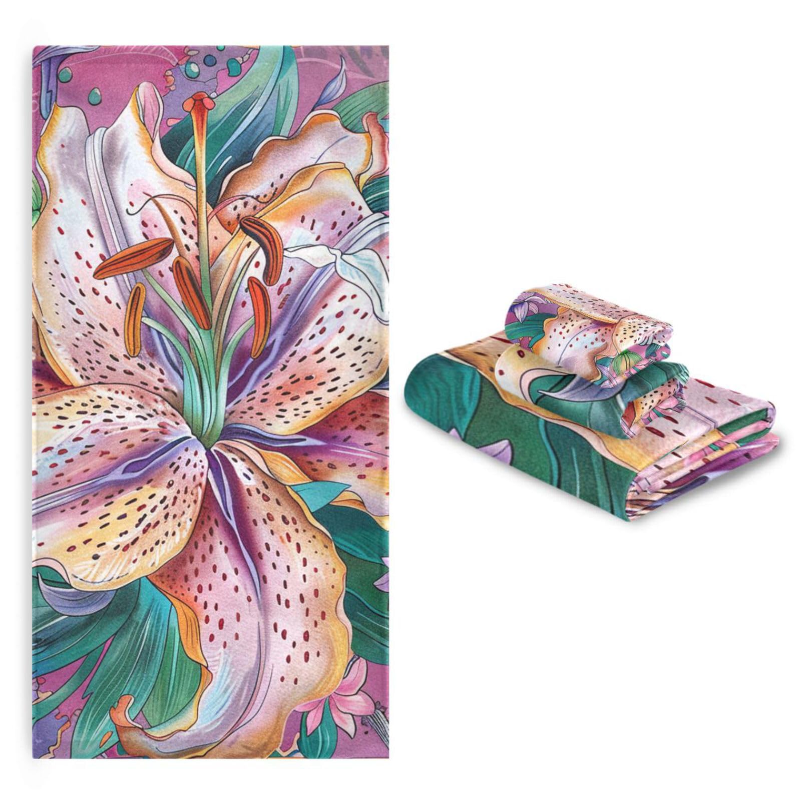Set di 3 asciugamani morbidi per il viso, motivo floreale, stile bohémien, con motivo floreale, 1 asciugamano da bagno, 1 asciugamano per le mani, 1 panno per yoga, bagno e cucina