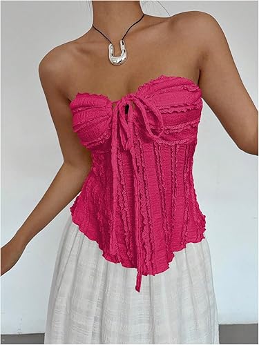 Miniatura 4 de SOLY HUX Top de tubo asimétrico sin tirantes con ribete de volantes para mujer