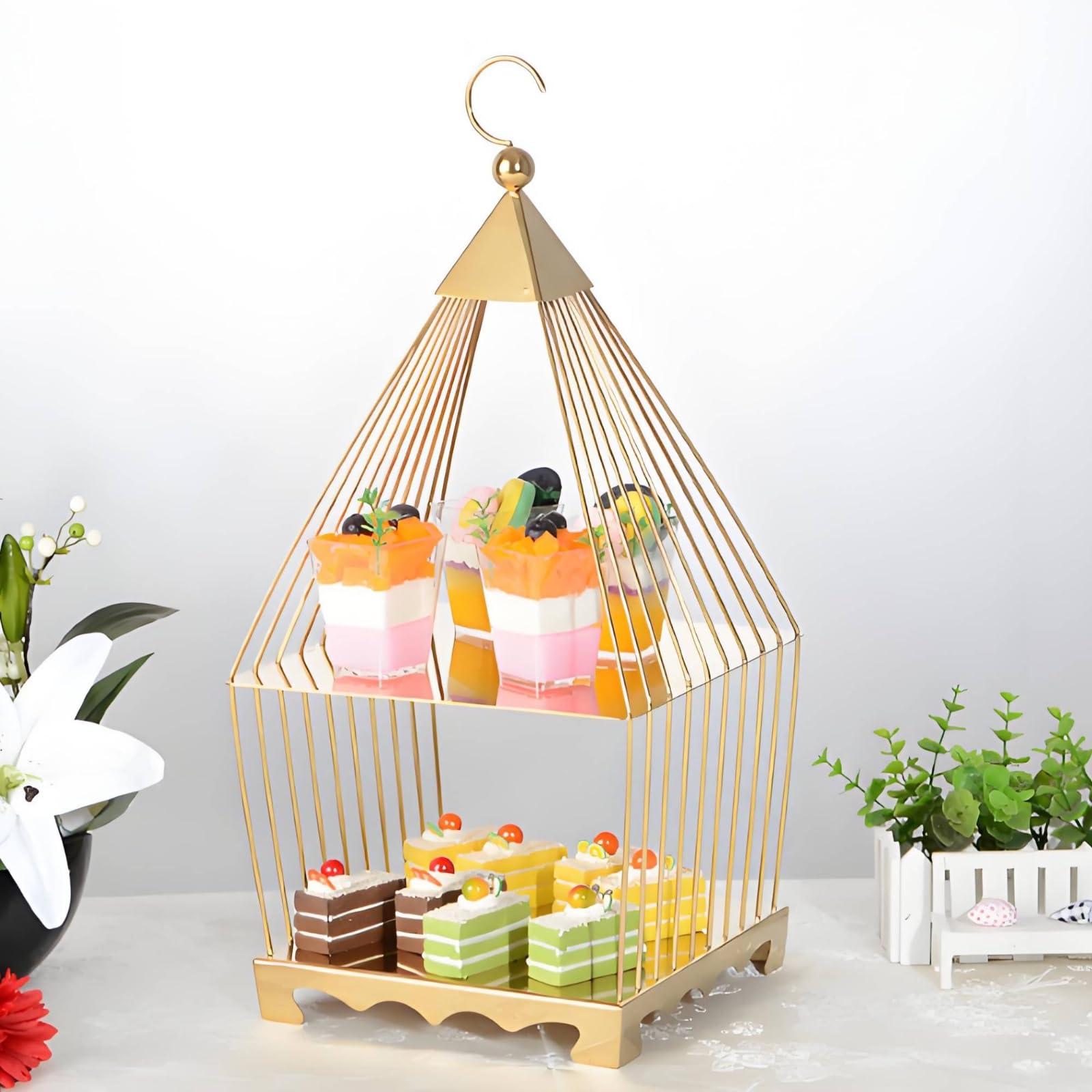Amagogo Alzata per Dolci Alzatina Vassoio Espositore Supporto Torte con Base Quadrata Struttura Aperta Che Valorizza Pasticcini , Gabbia Per Uccelli A Diamante A Strato Singolo