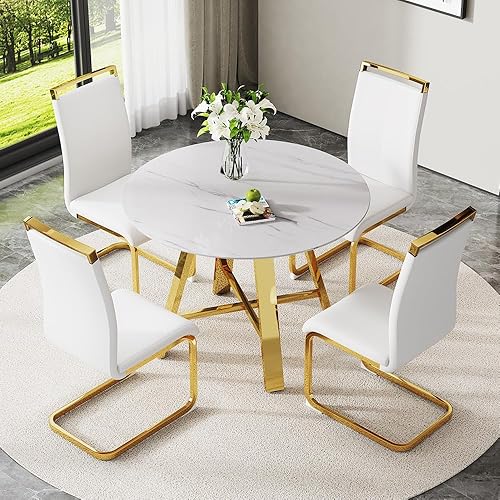 Miniatura 7 de Juego de mesa de comedor redonda moderna para 4, juego de mesa de comedor de mármol sintético de 42 pulgadas y sillas tapizadas de piel sintética