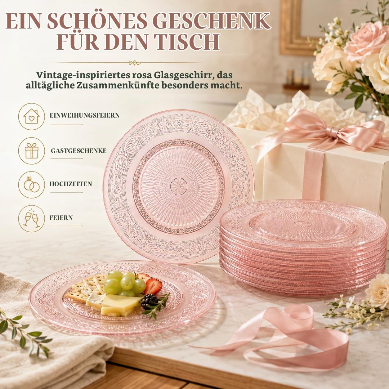 Art Deco Vintage Kristall rosa Teller | Set mit 6 Stück | Einzigartige 26,7 cm Speiseteller – Abendessen, Ladegerät, Dessert-Servierer, Vorspeisenteller, Snack, Obst, Handwäsche, Einweihungsgeschenk