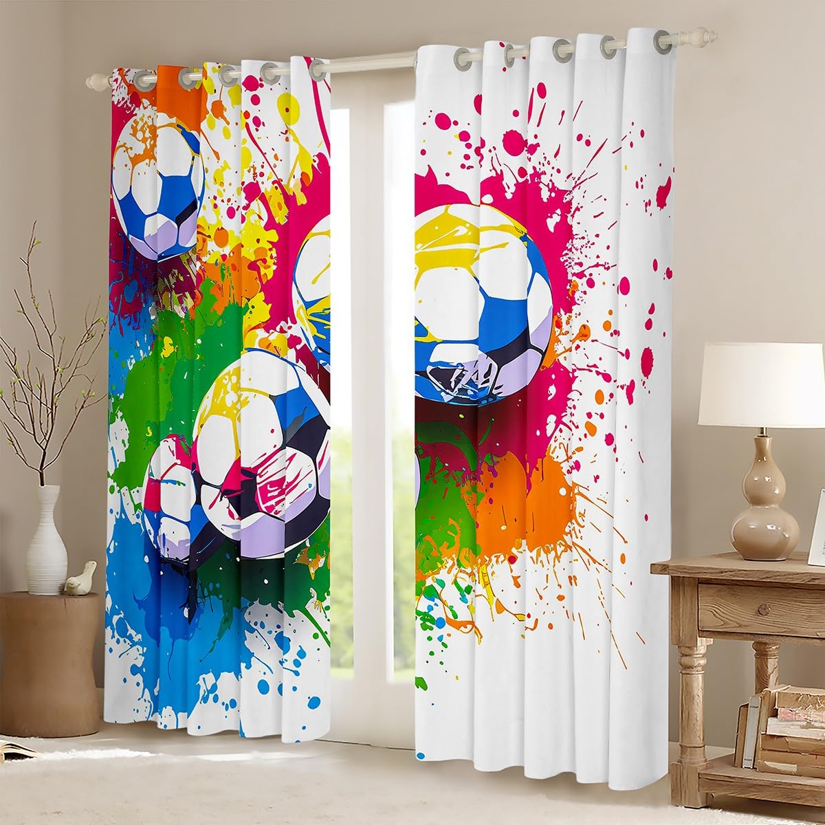 Homemissing Football Curtains (2 Panels,W46*L72) For Bedroom Kids Boys Teens Soccer Ball Game Window Curtains Multi-Colored Graffiti 30%-50% Blackout Curtains Rugby Sports Game Window Treatments - Image 2