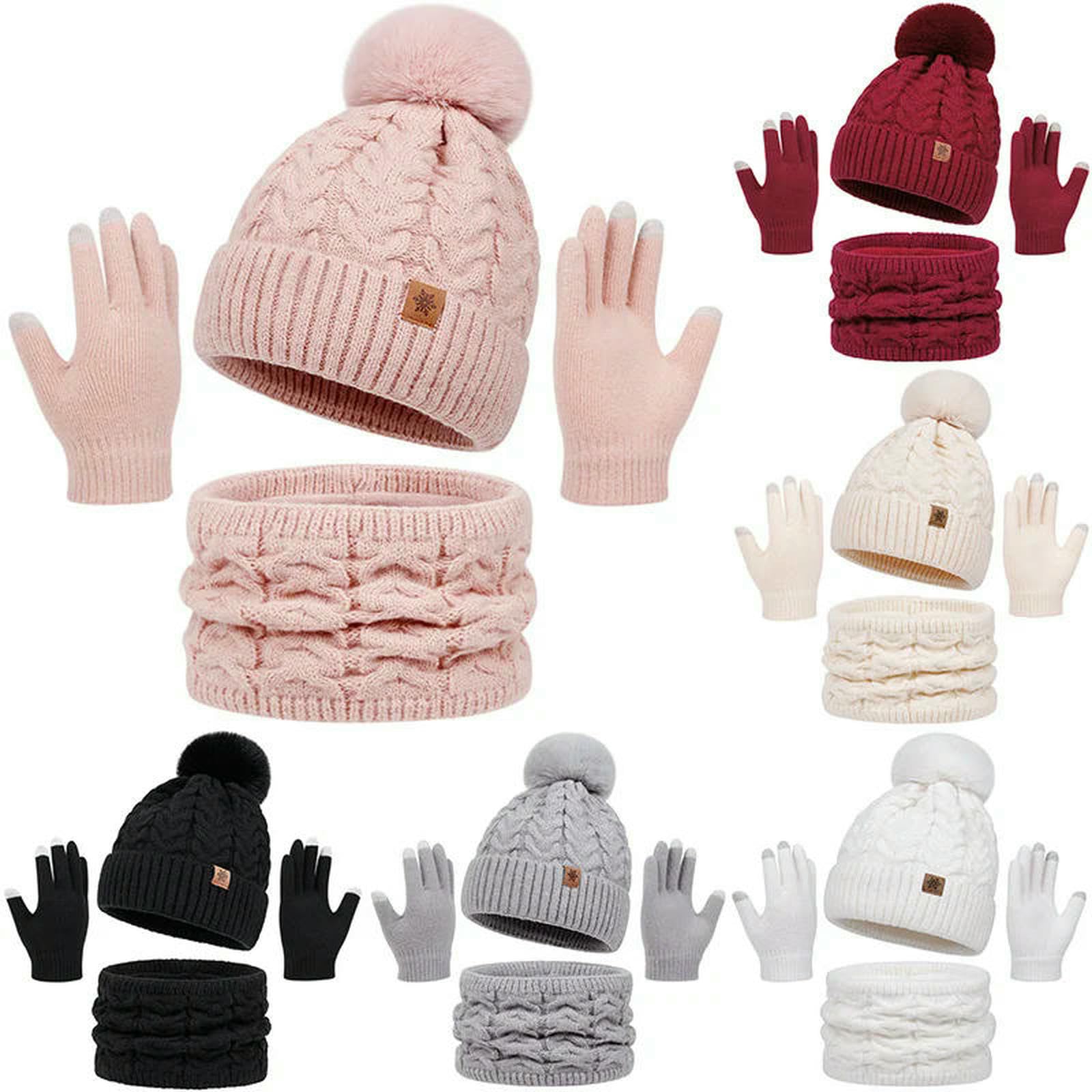 Mütze,Schal & Handschuh-Sets 3-teiliges Damen-winterset – Strickmütze, Touchscreen-Handschuhe Und Umwandelbarer Halskettenschal, Bestehend Aus Wintermütze, Schal Handschuhen -schwarz-3 Stück