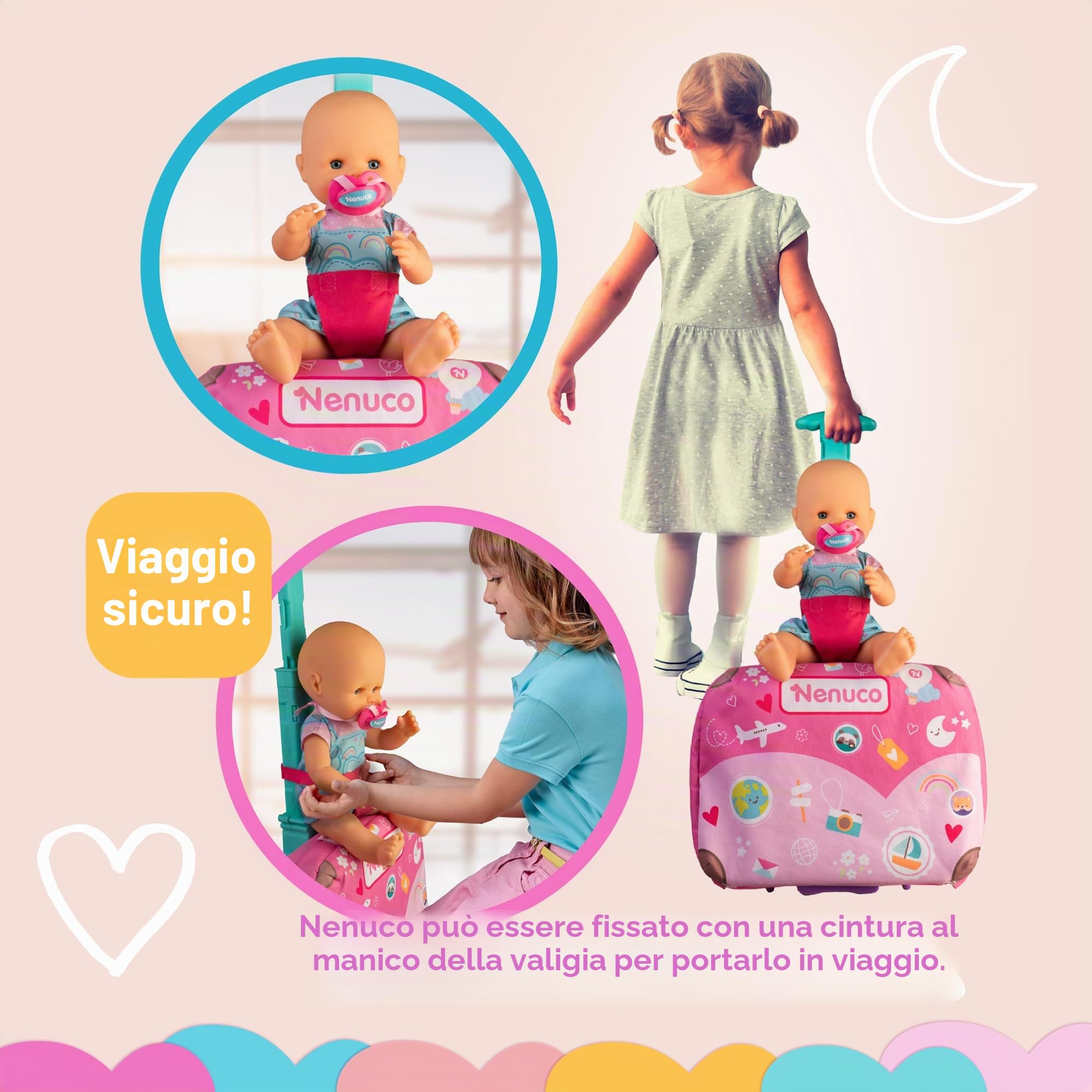 NENUCO - Viaggia con me, bambola da 30 cm con corpo duro con valigia fasciatoio, include cintura per trasporto sicuro e 6 accessori per la cura, +2 anni, famosa (NFNC9000)