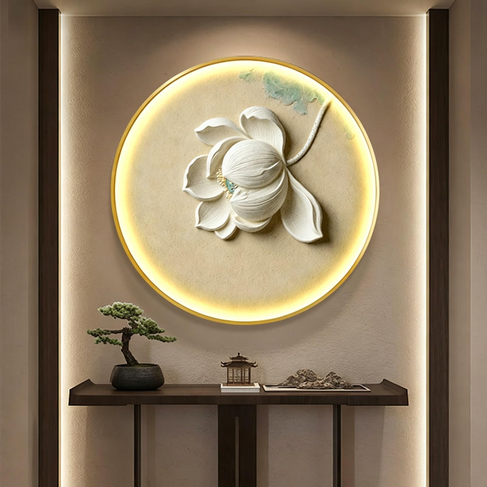 DAJIAYIQI 3D Lotus Sculpture Decoration with Lights, Framed Wall Painting Decor, Modern Artwork Lotus Koi Fish Wall Sculpture Decoration, for Home Entrance Hallway(B,60cm/23.6in)