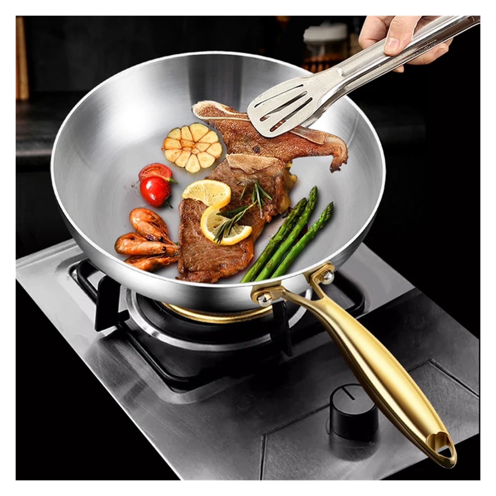 poele inox Poêle à frire en acier inoxydable, wok, antiadhésive, for steak frit, cuisinière gaz, casserole induction, ustensiles de cuisine(24cm)
