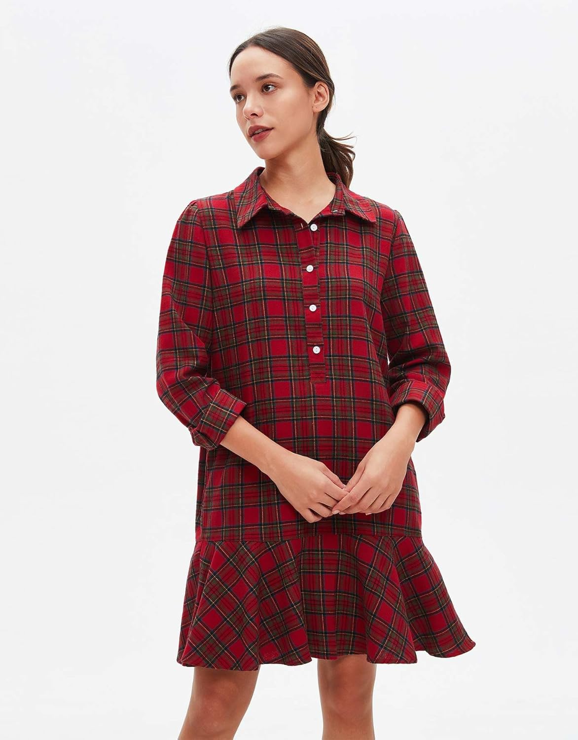 Women's Plaid Tunic Dress V Neck Button Down Collar Mini Dress Flowy Swing Shift Christmas Dress Red - Image 2