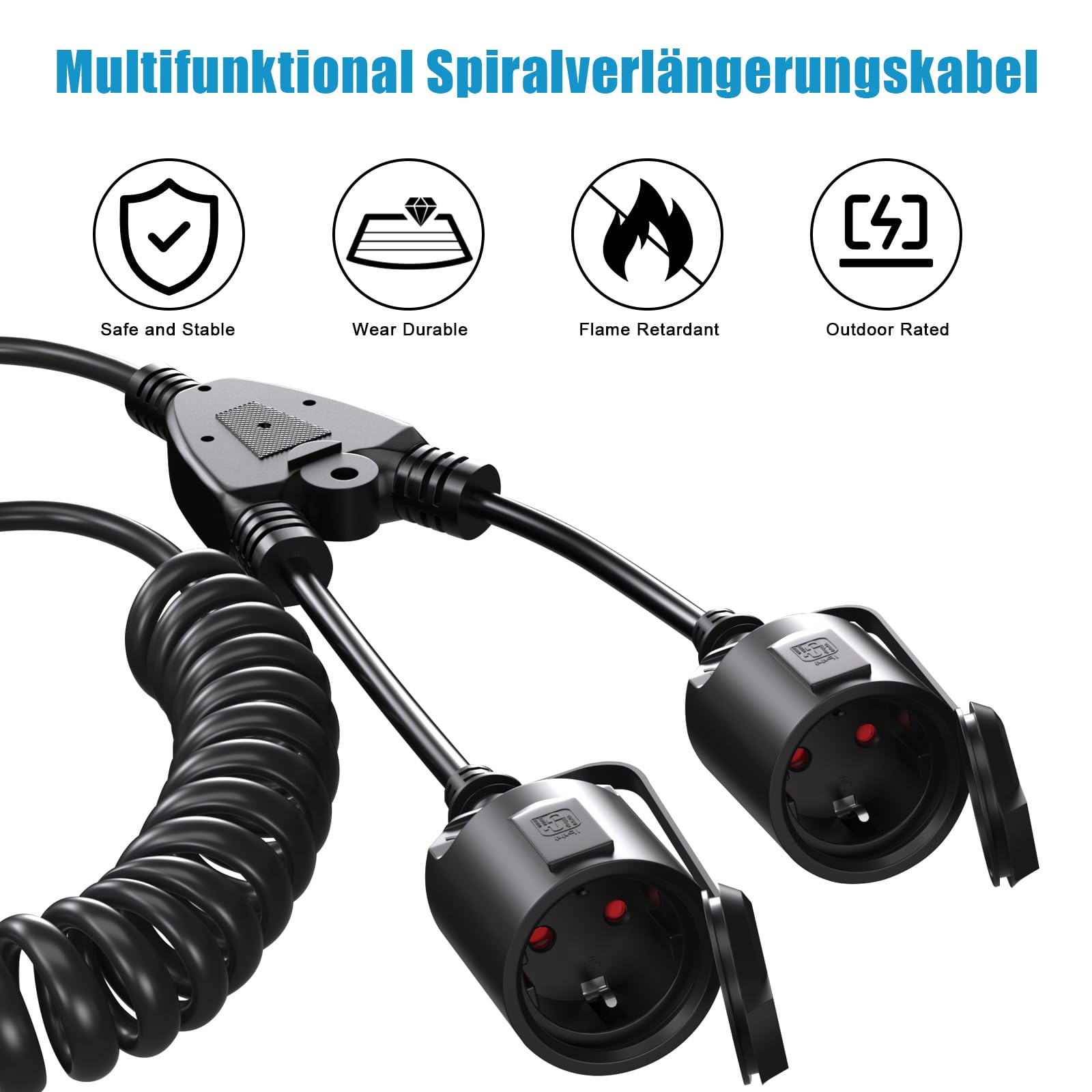 Rallonge spiralée, IP20, étanche, 1 à 2 contacts de protection, câble spiralé, extensible de 3 m Max, rallonge avec 2 prises Schuko (250 V/16 A, noir)