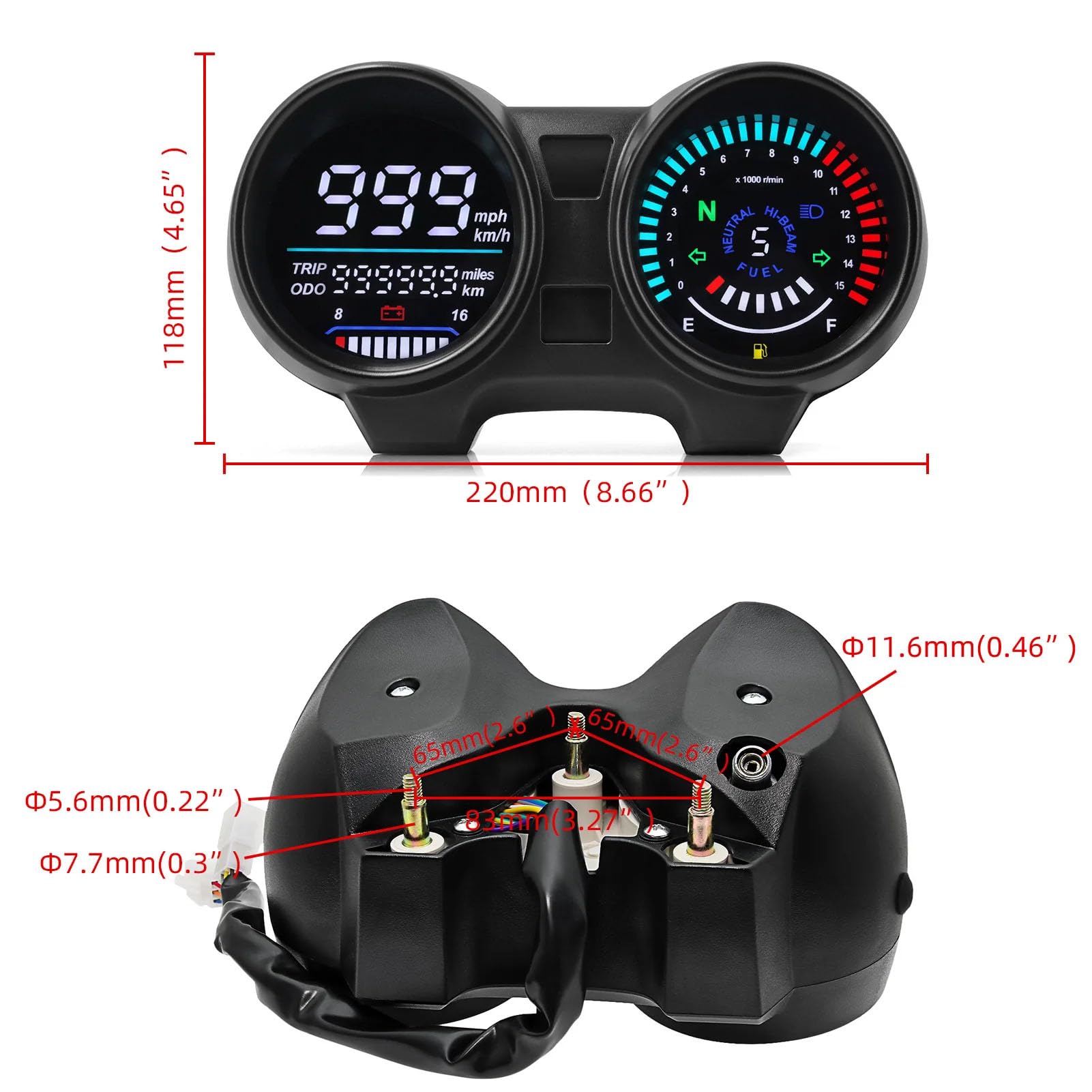 Tachimetro per Moto, 12V 7 Colori Retroilluminato LCD Universale Display Digitale Contachilometri per Moto Tachimetro Indicatore Multifunzionale, per CG 125 2000-2008