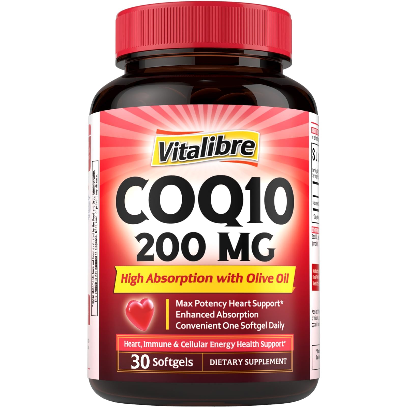 Vitalibre CoQ10 200 mg, with Extra Virgin Olive Oil，High Absorption CoQ10 Ubiquinone 30 Count (Pack of 1)