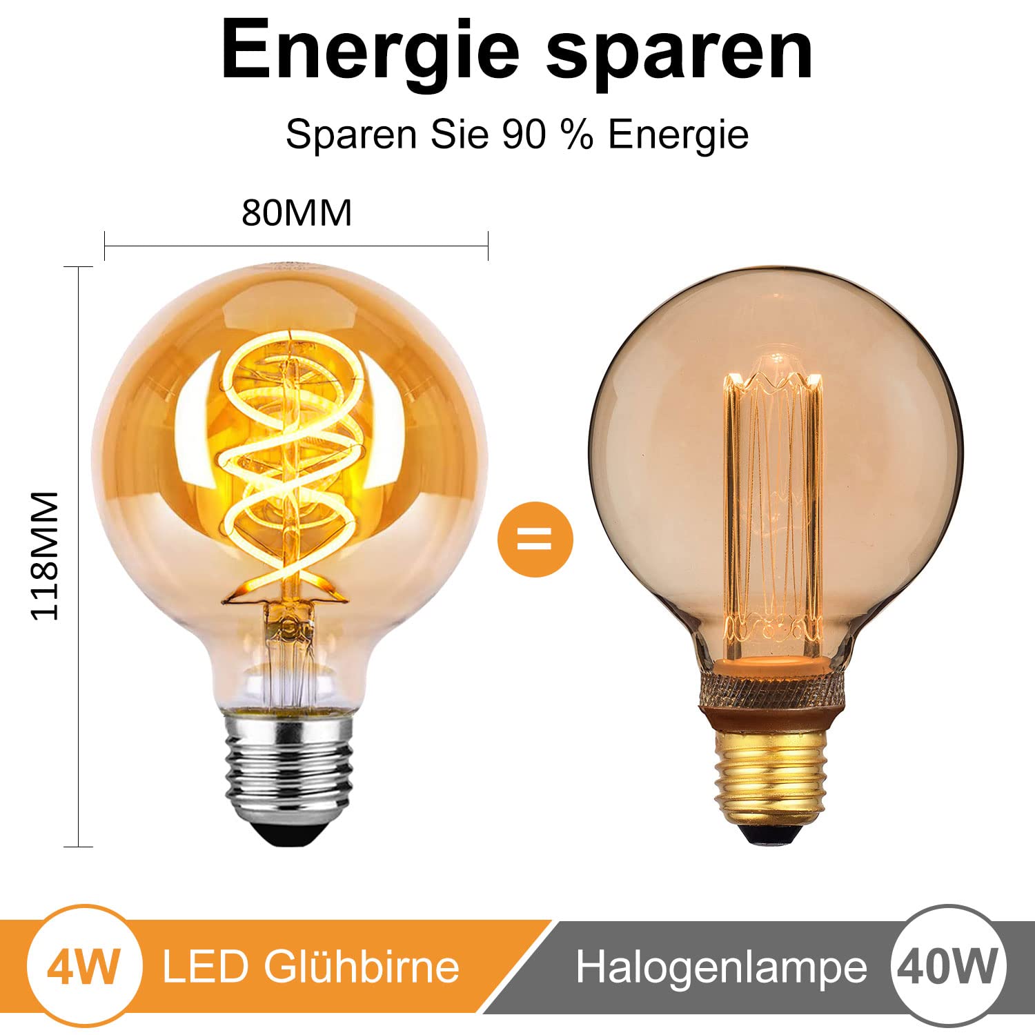 Edison Vintage Glühbirne, E27 LED Vintage Dimmbar 4W G80, E27 LED Warmweiss 2700K Retro Glühbirne Ideal für Nostalgie und Retro Beleuchtung - Bernstein Glas - 6 Stück