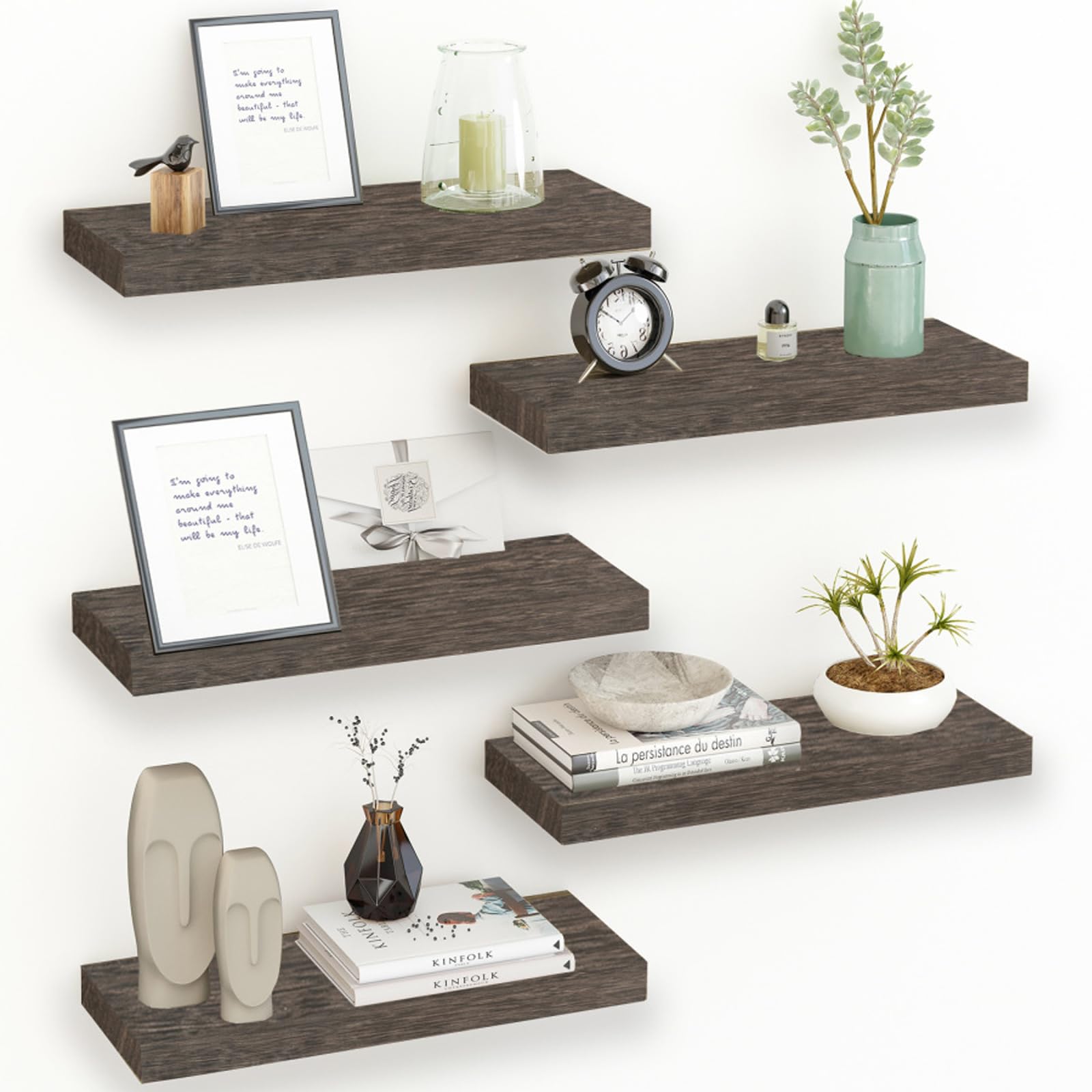 Fixwal Floating Shelves Set of 5, 15.8in Rustic Wood Shelves for Wall Storage with Invisible Brackets, Farmhouse Wall Decor for Bathroom, Living Room,Bedroom and Kitchen(Dark Carbonized Black)