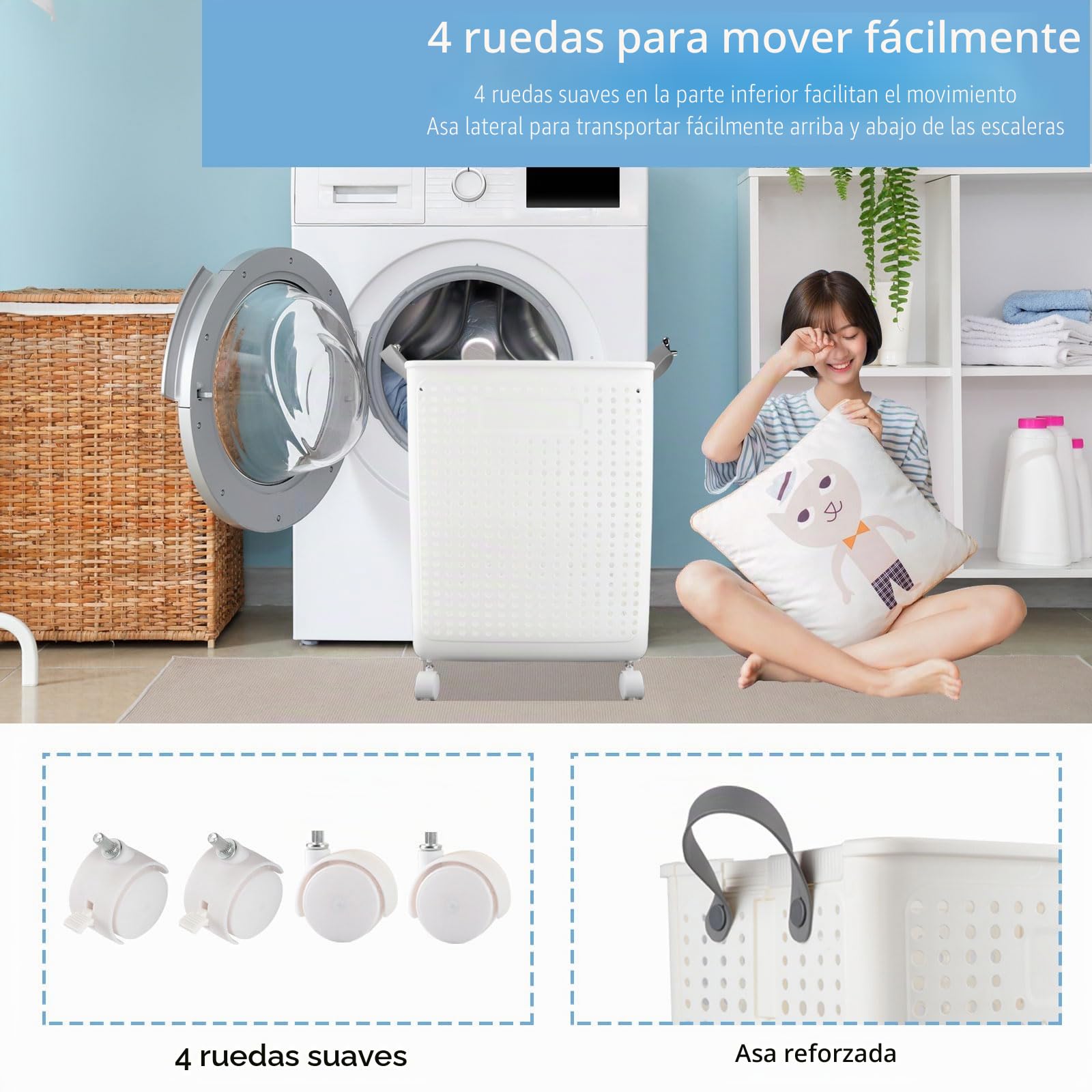 Cesto de la Ropa Plegable con Ruedas, 41.5 L Cesto Ropa Sucia Cesta de Ropa Sucia con Ruedas Cesta Ropa Sucia con Asa Cesto para la Ropa Sucia de Plástico, para Salas Estar, Baños, Dormitorios