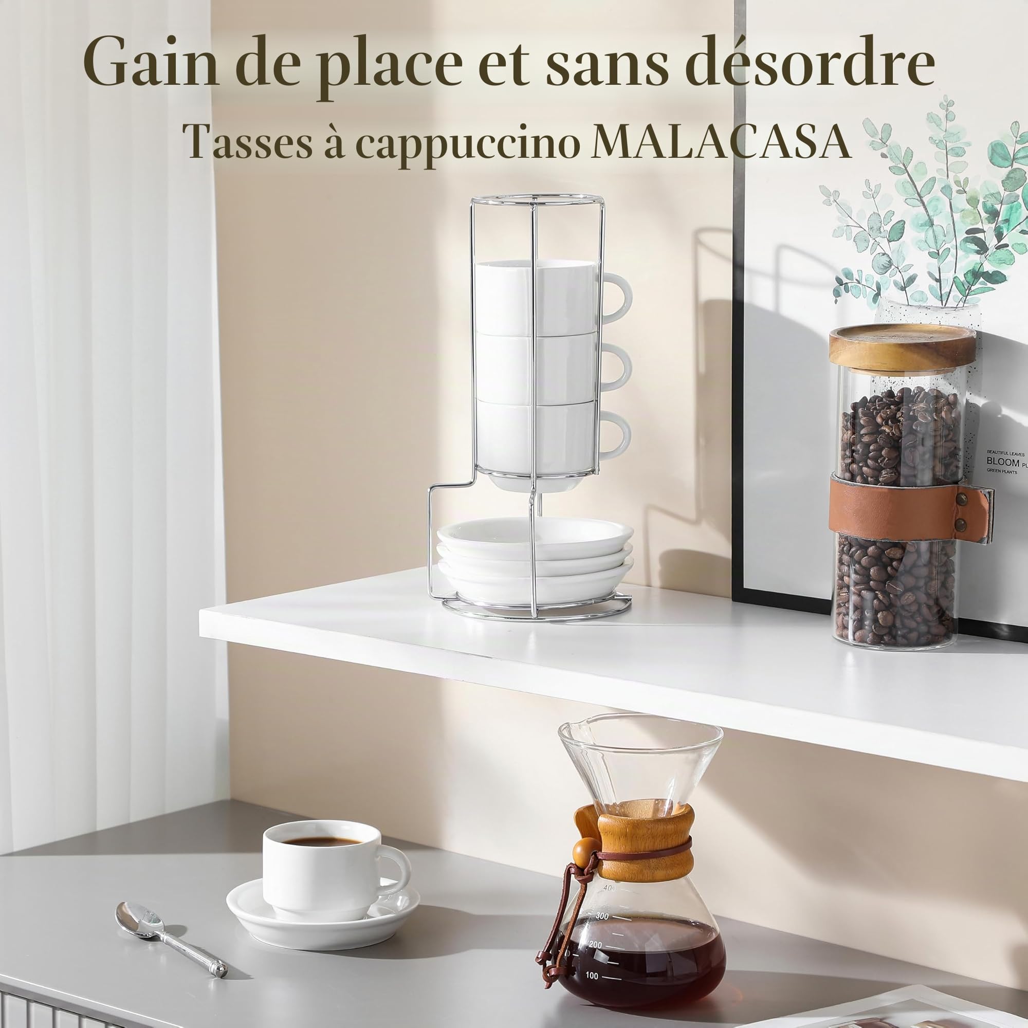 MALACASA Série REGULAR, Lot de 4 Tasses à Café pour 4 Personnes, 150 ml, Service à Café Empilable avec Soucoupe et Support en Métal，Idéal pour Expresso, Cappuccino, Latte, Moka et Thé, Blanc
