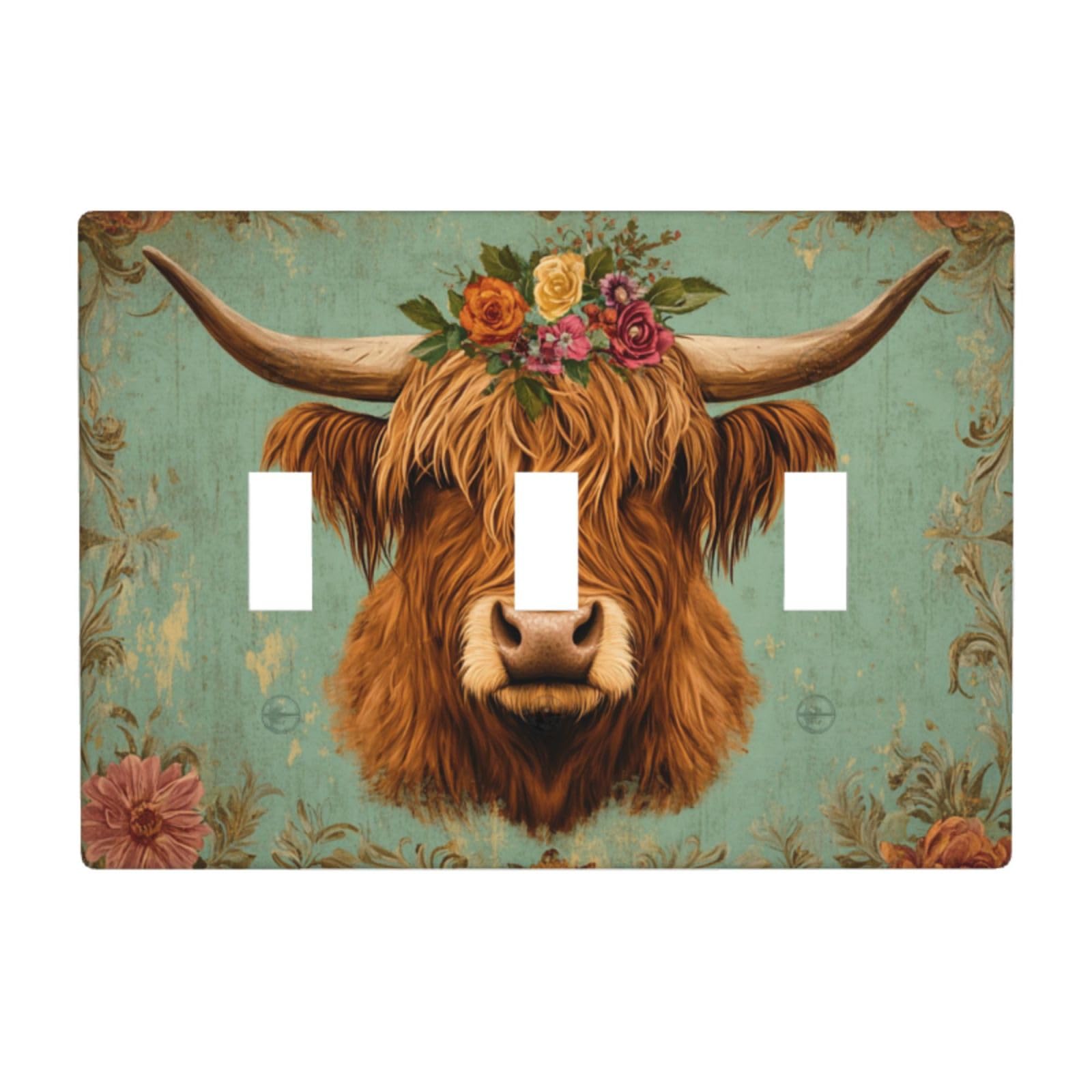 Vintage Highland Cow Floral Border Light Switch Covers 3 Gang Triple Toggle Wall Plate Switchplate Electrical Faceplate for Bathroom Kitchen Bedroom Decor
