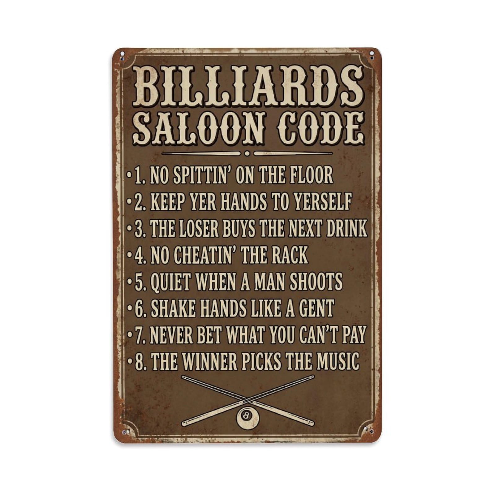 Billiards Saloon Code Western Funny Metal Tin Sign Plaque Wall Decor for Cafe, Club Bar, Office, Home Garden Metal Poster 8x12Inch