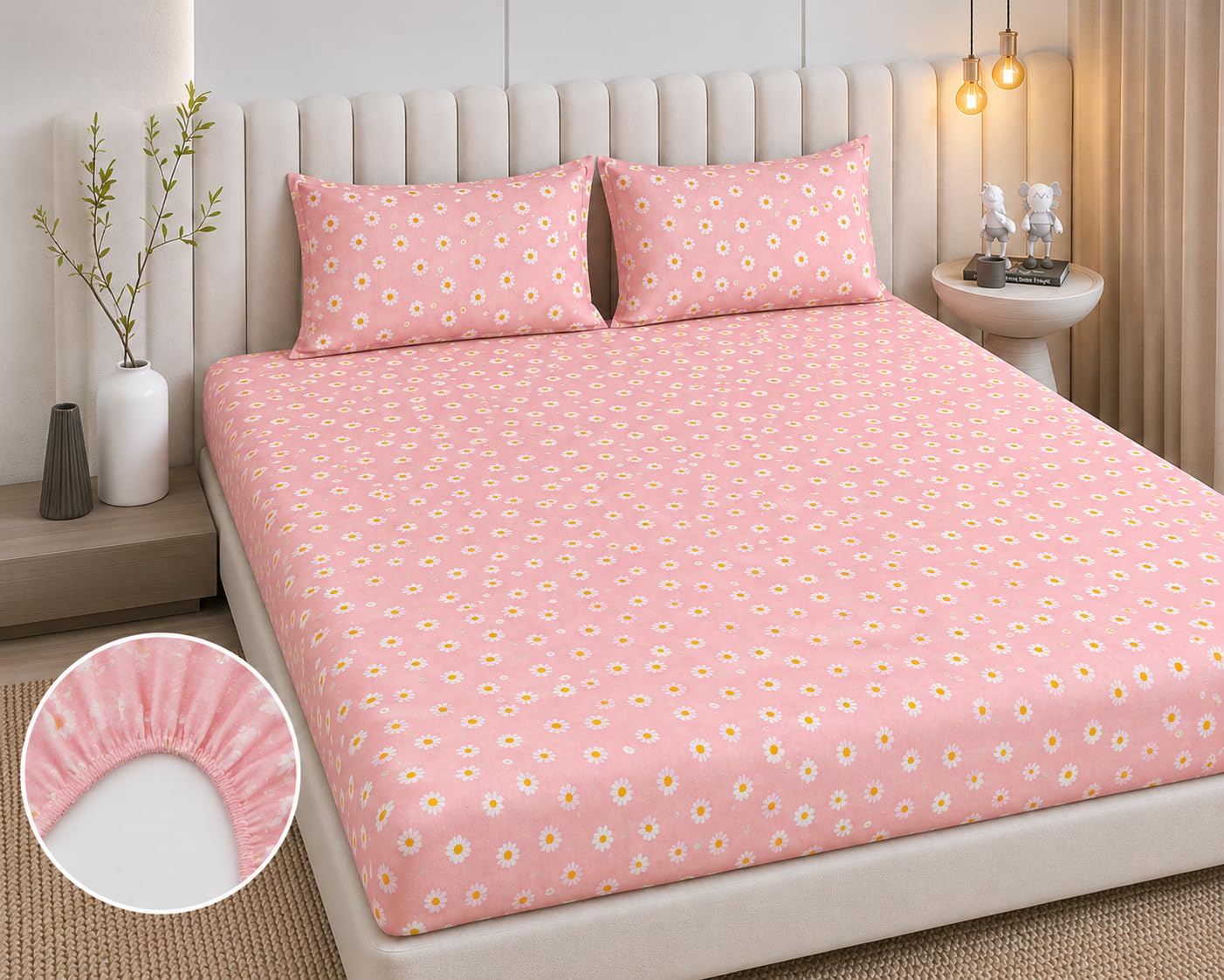 The Chadar Company | Elastic Fitted Bedsheet for King Size Bed, Premium Microfiber, 72 x 78 x 10 Inches with 2 Pillow Covers, Fits Mattress Up to 6 Inches, Ultra Soft, Pink Daisies-image-16