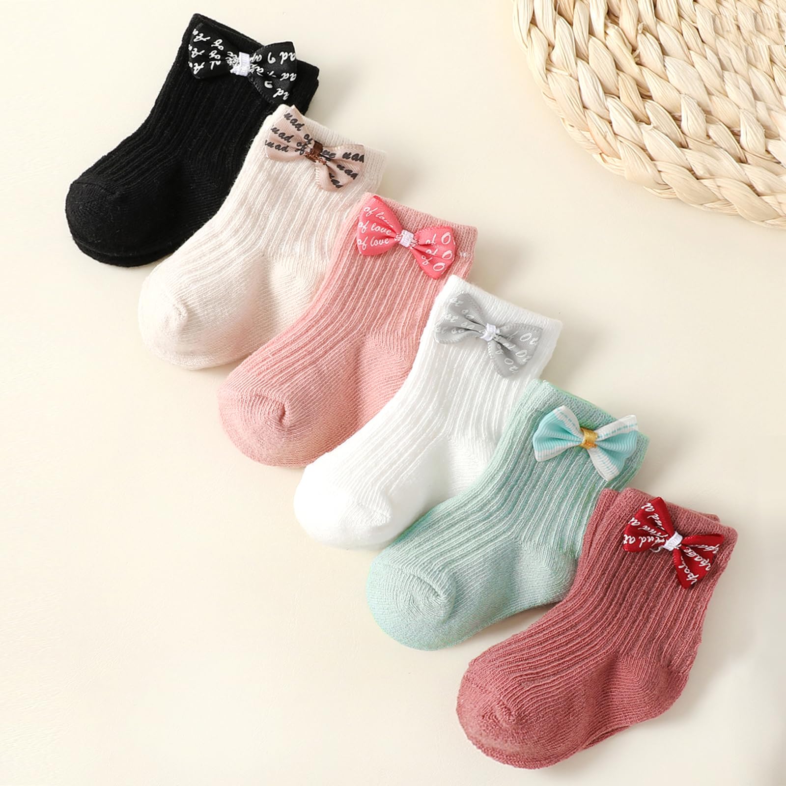 TOBETOPTOOLER 6 Pairs Baby Girl Socks,Bow Ankle Socks for Newborn Infant Preemie Soft Breathable Mixed Colors (US, Age, 0 Months, 3 Months, Multicolor)