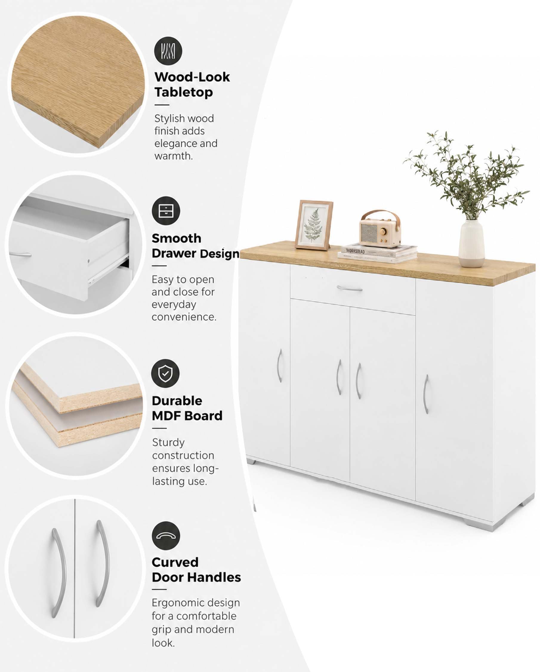 hitsuki Credenza Cucina Bianca 110 x 30 x 70 cm Mobiletto Cucina Salvaspazio Mobile Dispensa Cucina con 4 Ante e 1 Cassetto Madia Mobile da Cucina per Soggiorno Ingresso Corridoio