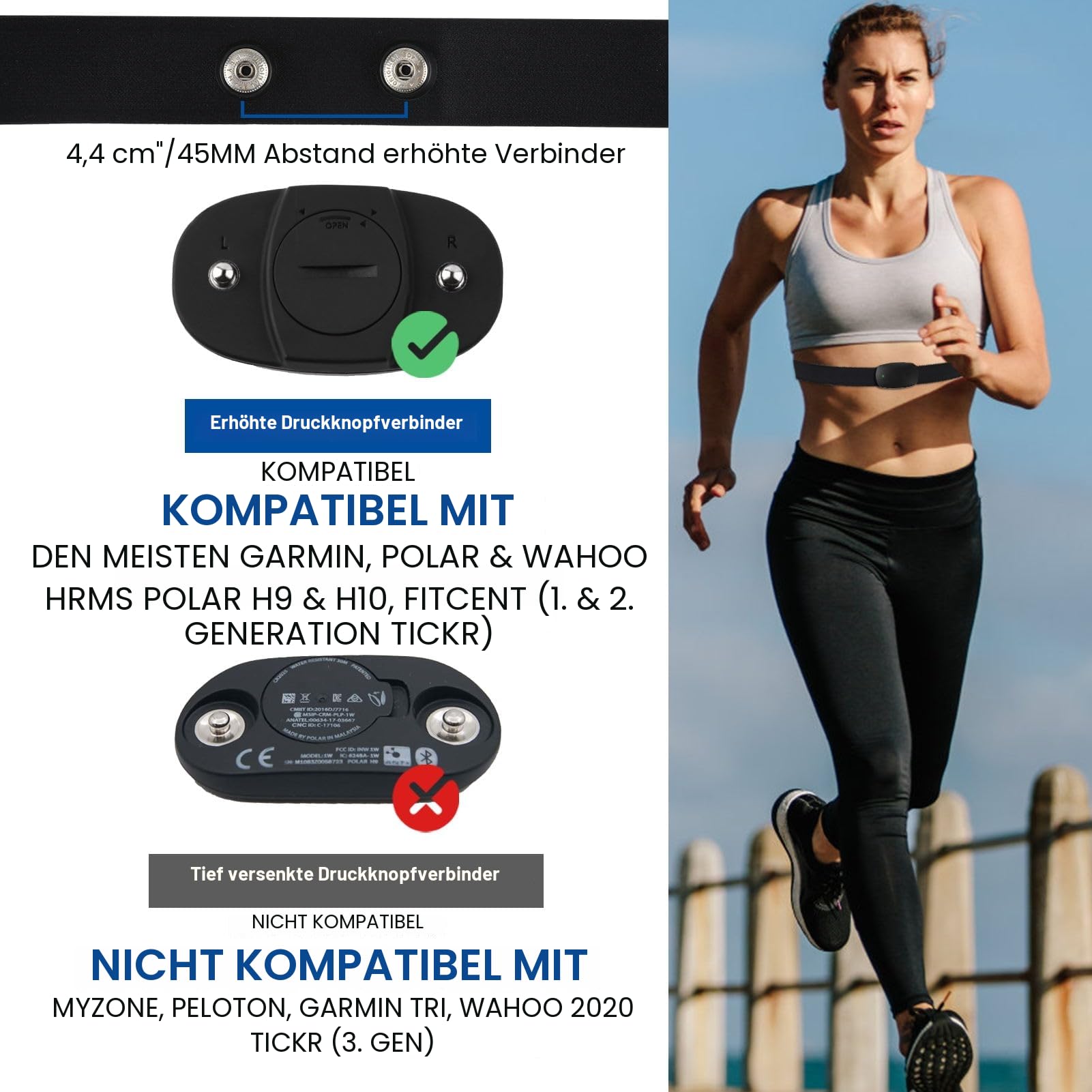 Cardio-Gürtel verstellbar (70 cm bis 105 cm) für Herzfrequenzsensor, Bluetooth Ant+ Cardio-Gürtel, kompatibel mit Garmin, Wahoo, Polar H10 H9, Coospo, Magene, Bryton, Livlov