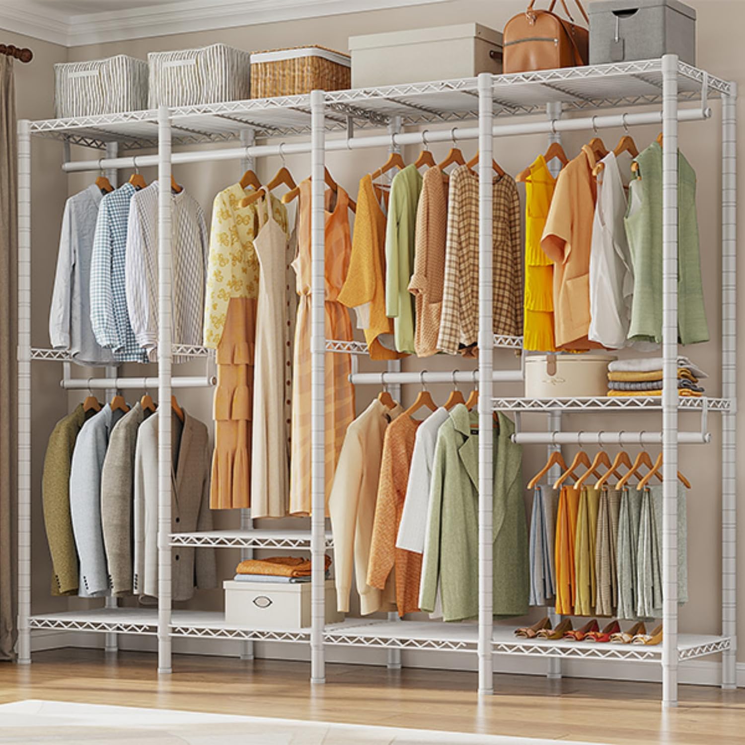 Raybee Clothing Racks for Hanging Clothes,Heavy Duty Clothes Rack with Shelves,Portable Closet Adjustable,76" W x 77" H x 18" D,Max Load 1150lbs,White