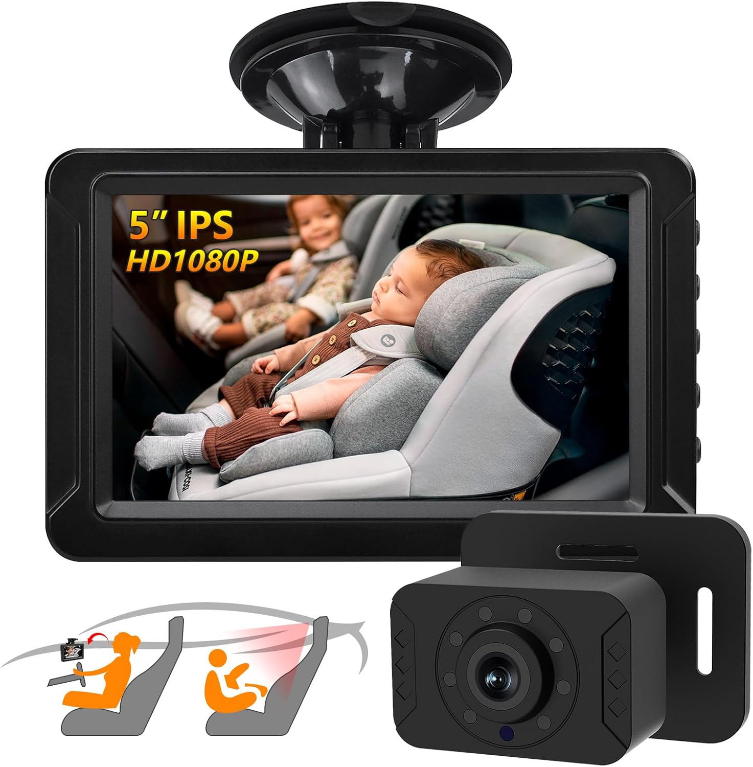 HD 1080P Baby Car Camera with 5" IPS Baby Monitor Kit Night Vision Wide Angle USB & Cigartte Light Plug and Play 360° Rotatable Rear Facing Safety Car Seat Camera