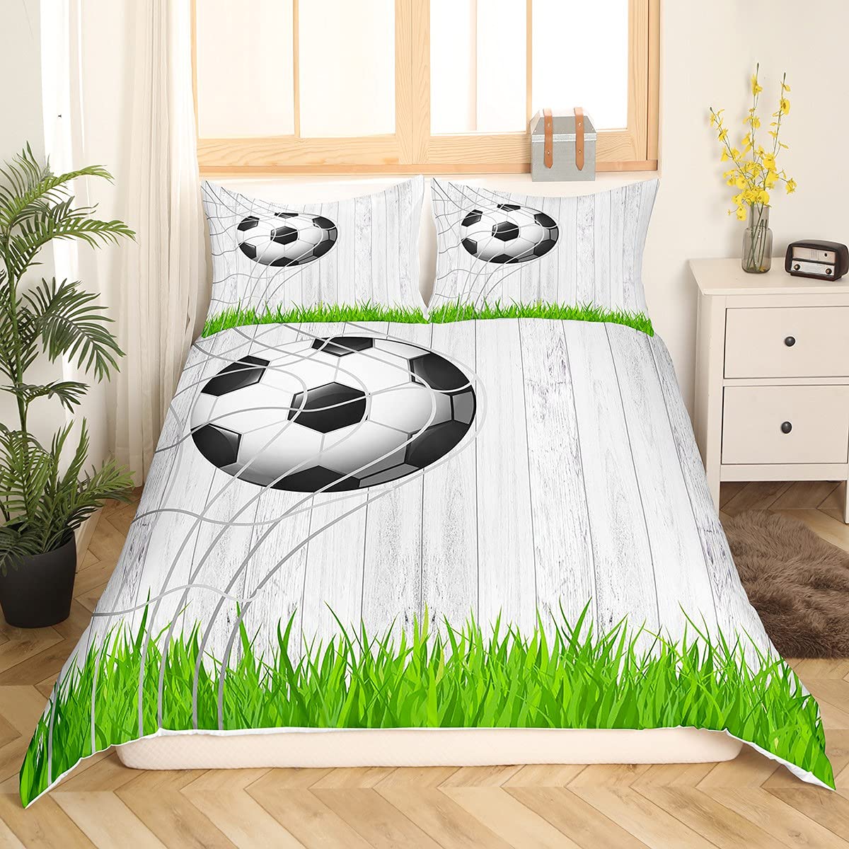 Biancheria da letto da calcio King Sports Theme Set di biancheria da letto Bambini 3D Calcio Colpo Copripiumino Set in microfibra Adulti Venature del legno Decor Copripiumino