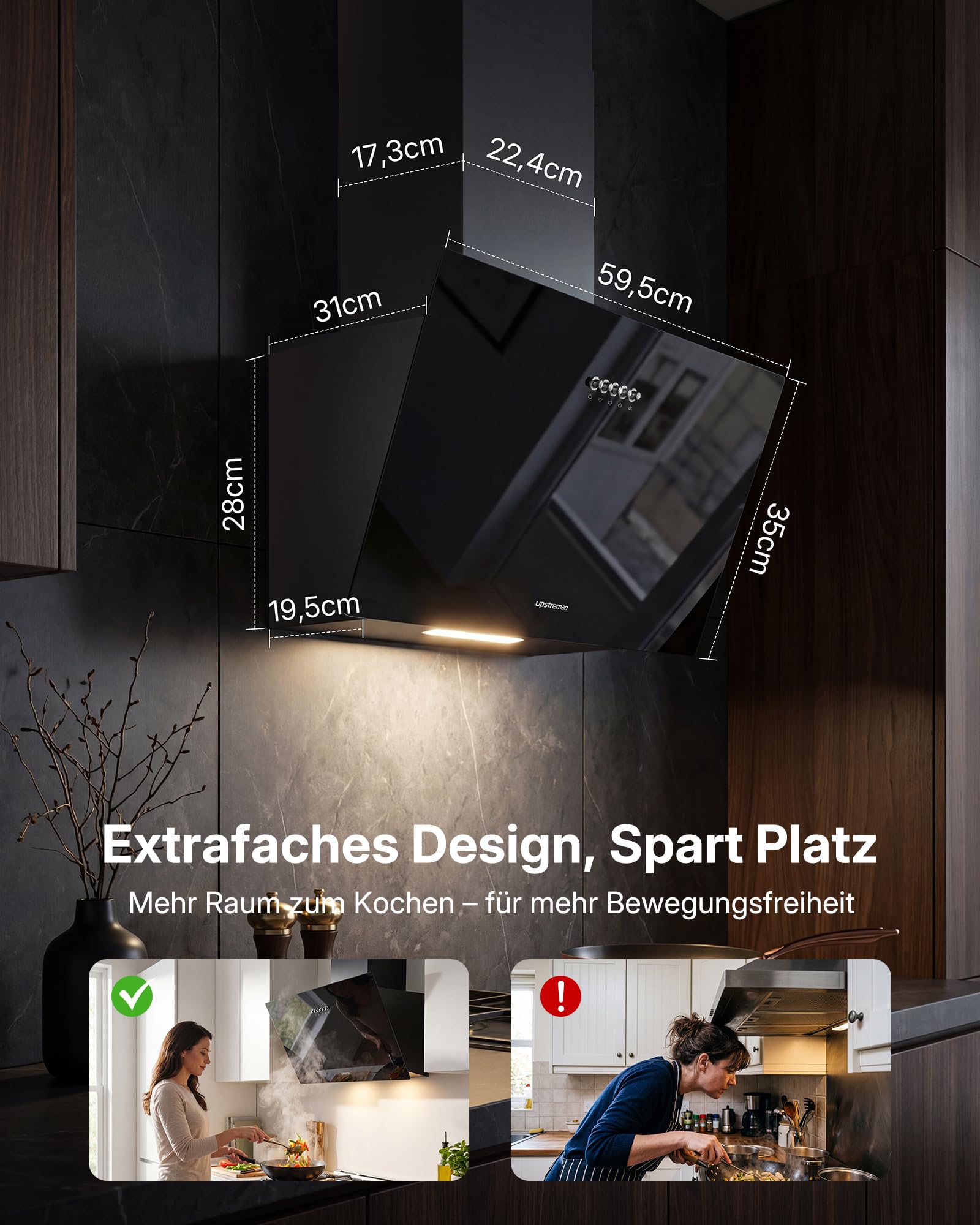 Upstreman Dunstabzugshaube 60cm A+++, 3 Leistungsstufen (324 m³/h), Umluft/Abluft, Abzugshaube Als Umlufthaube mit Aktivkohlefilter, Leise max. 56 dB, LED-Beleuchtung, Kopffreier Küchenabzug, HS60