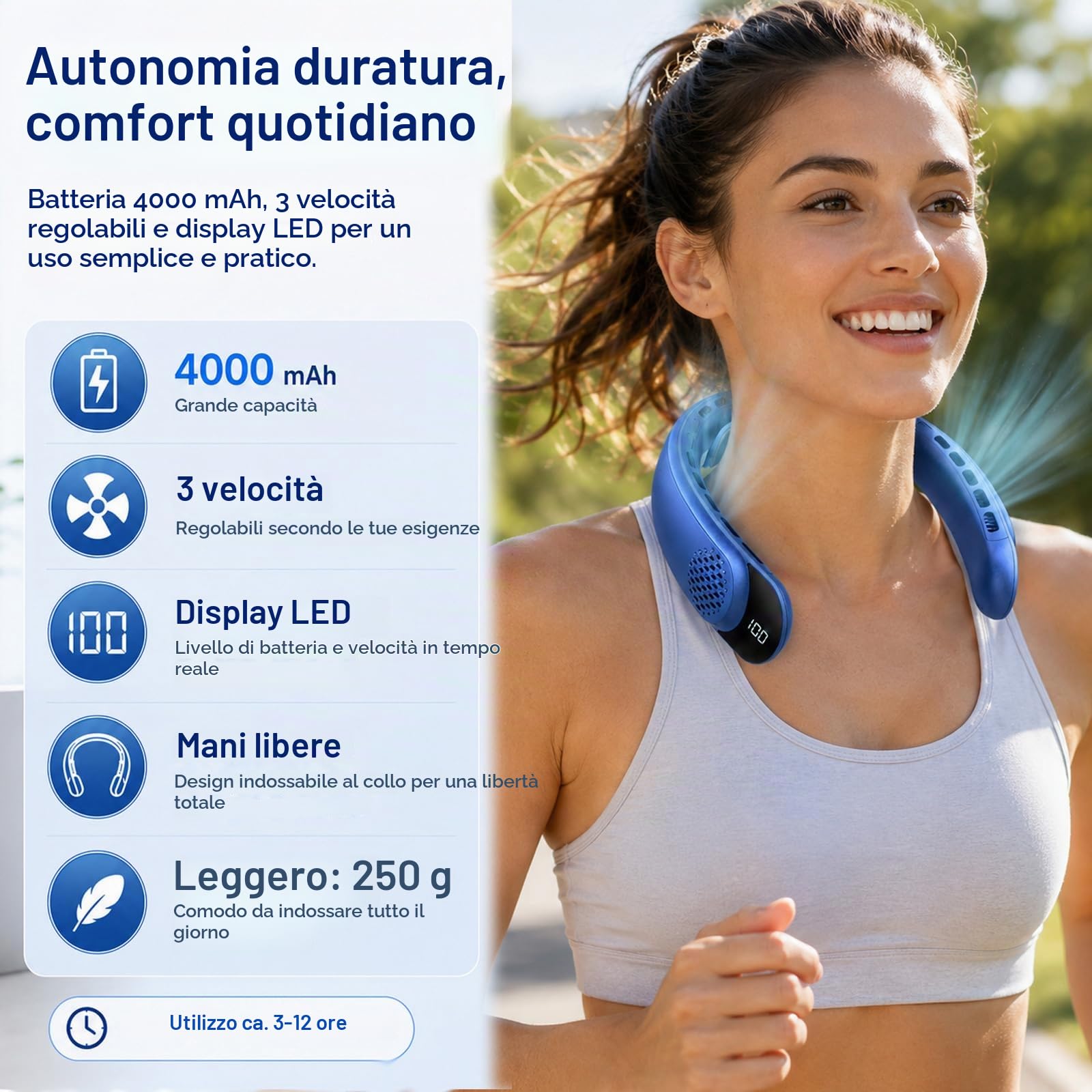 Ventlatore da collo 4000 mAh ventilatore portatile 3 velocità display LED 360 gradi cooling ventilatore collo 50 dB basso rumore